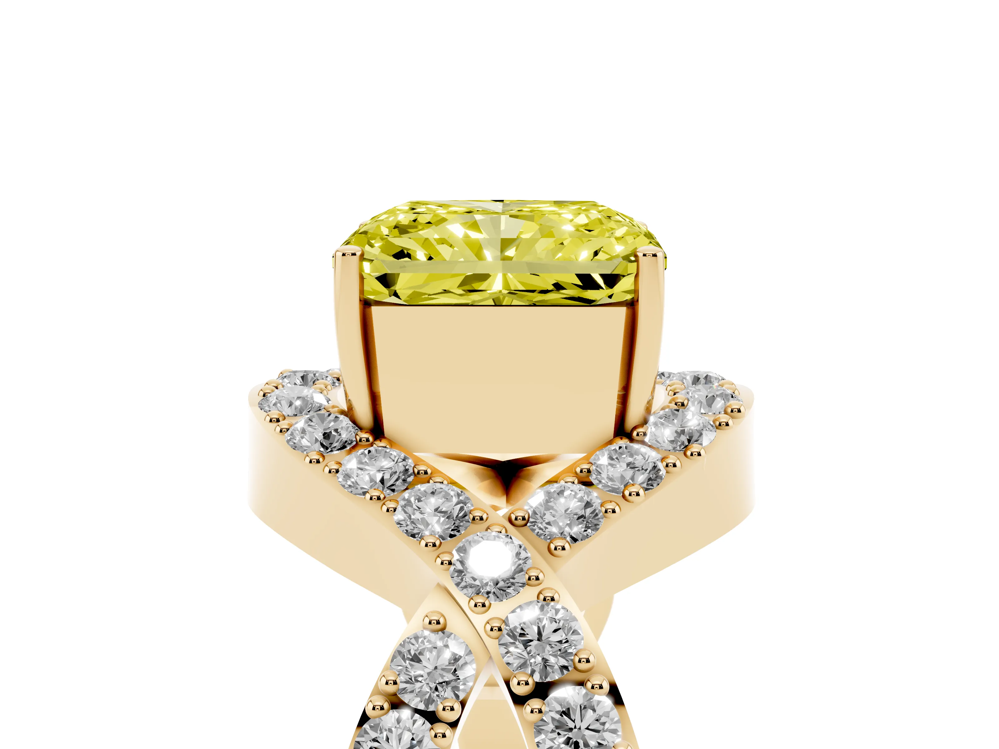 Fancy Yellow Radiant Cut Diamond Solitaire Twist Band Pavé Engagement Ring Set in Yellow gold