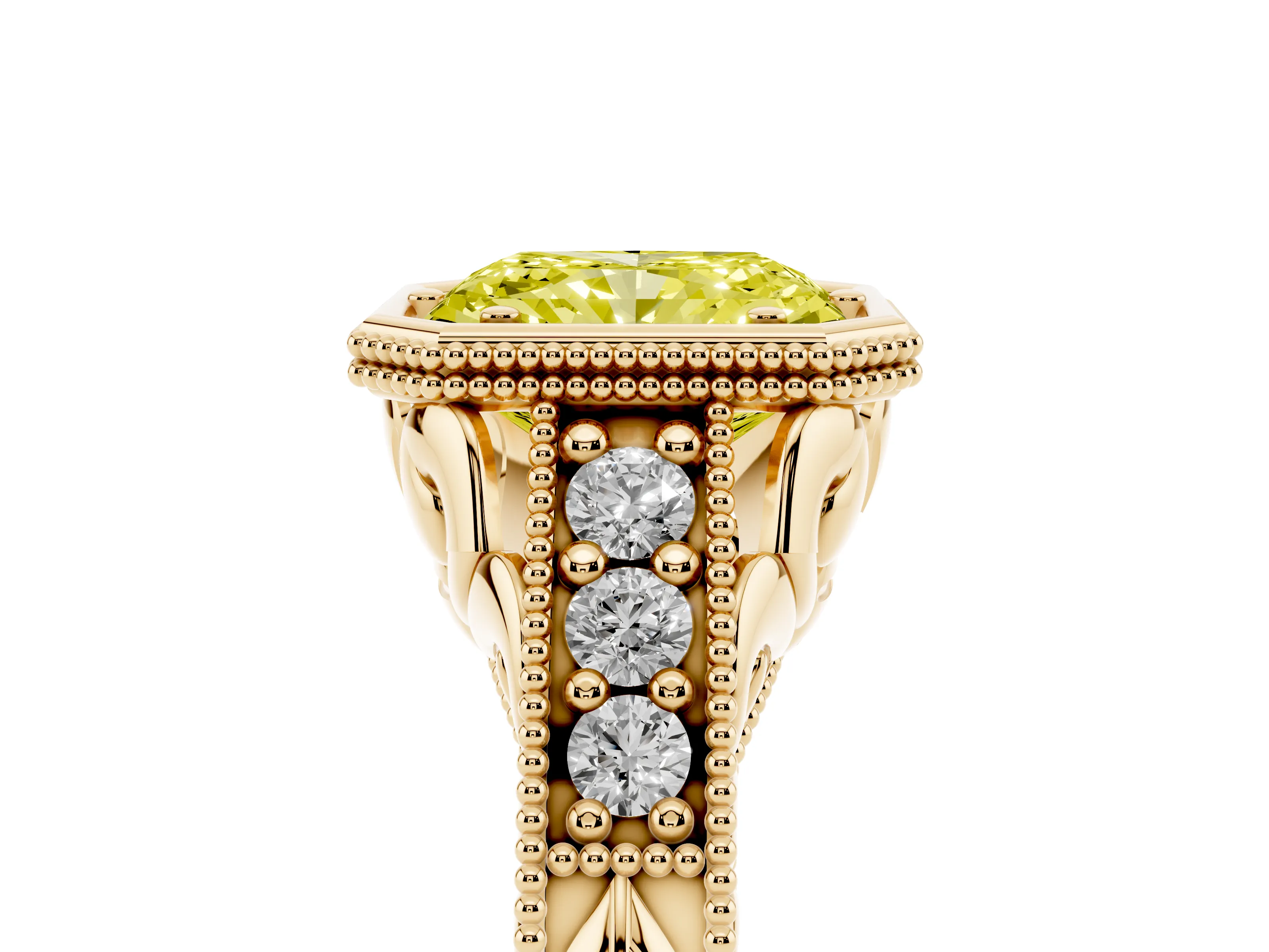 Fancy Yellow Bezel Set Radiant Cut Diamond Milgrain Pavé Engagement Ring Set in Yellow gold