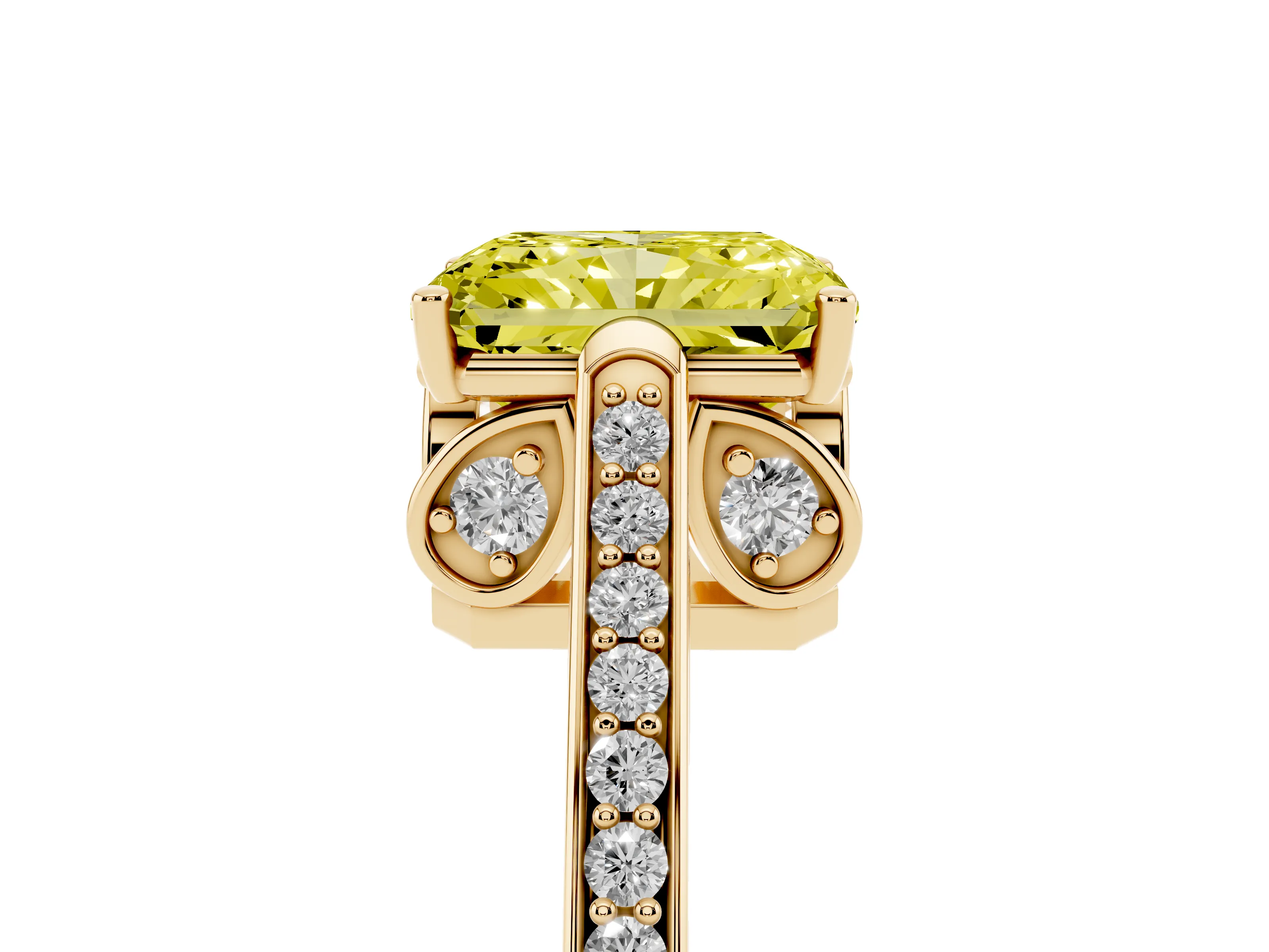 Fancy Yellow Radiant Cut Diamond Cathedral Pavé Engagement Ring Set in Yellow gold with Prong Setting