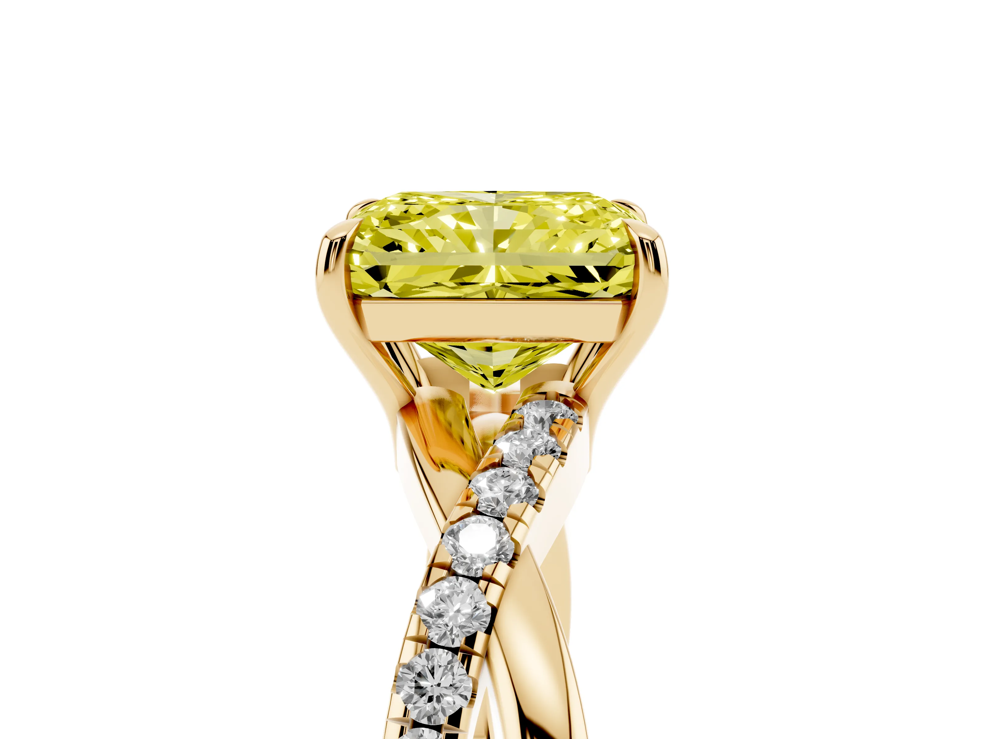 Fancy Yellow Radiant Cut Diamond Twisted Pavé Band Ring Set in Yellow gold with Prong Setting