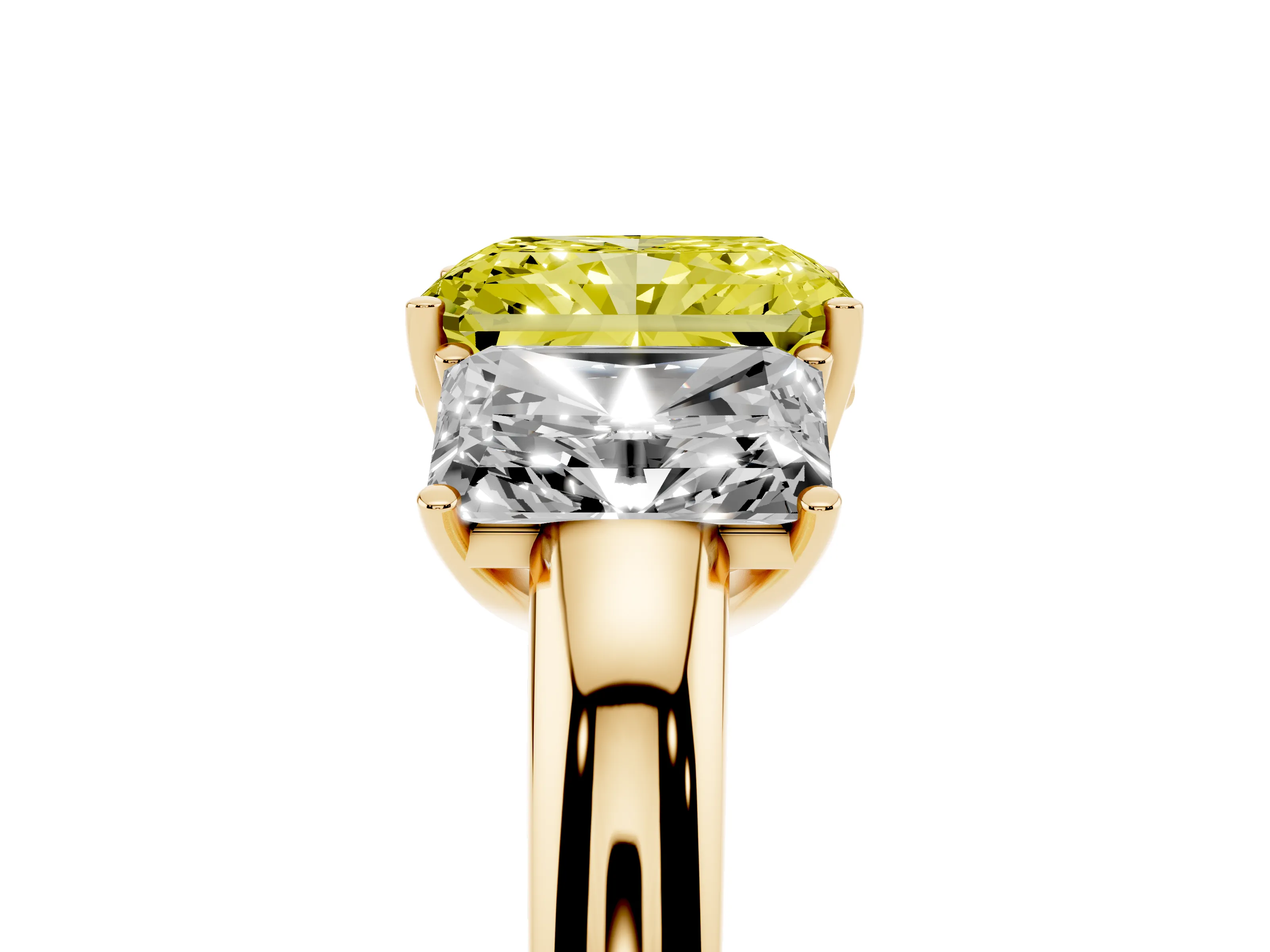 Fancy Yellow Radiant Cut Diamond Three-Stone Ring Set in Yellow gold with Bold Center and Classic Band