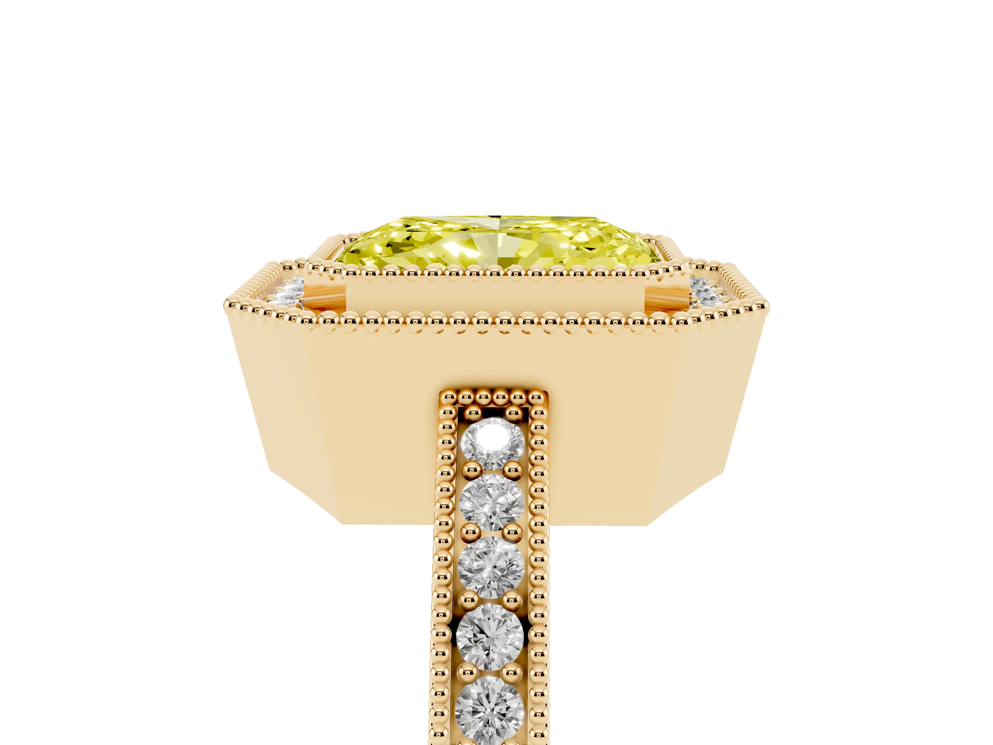 Fancy Yellow Radiant Cut Diamond Round Halo Ring Set in Yellow gold with Pavé Band