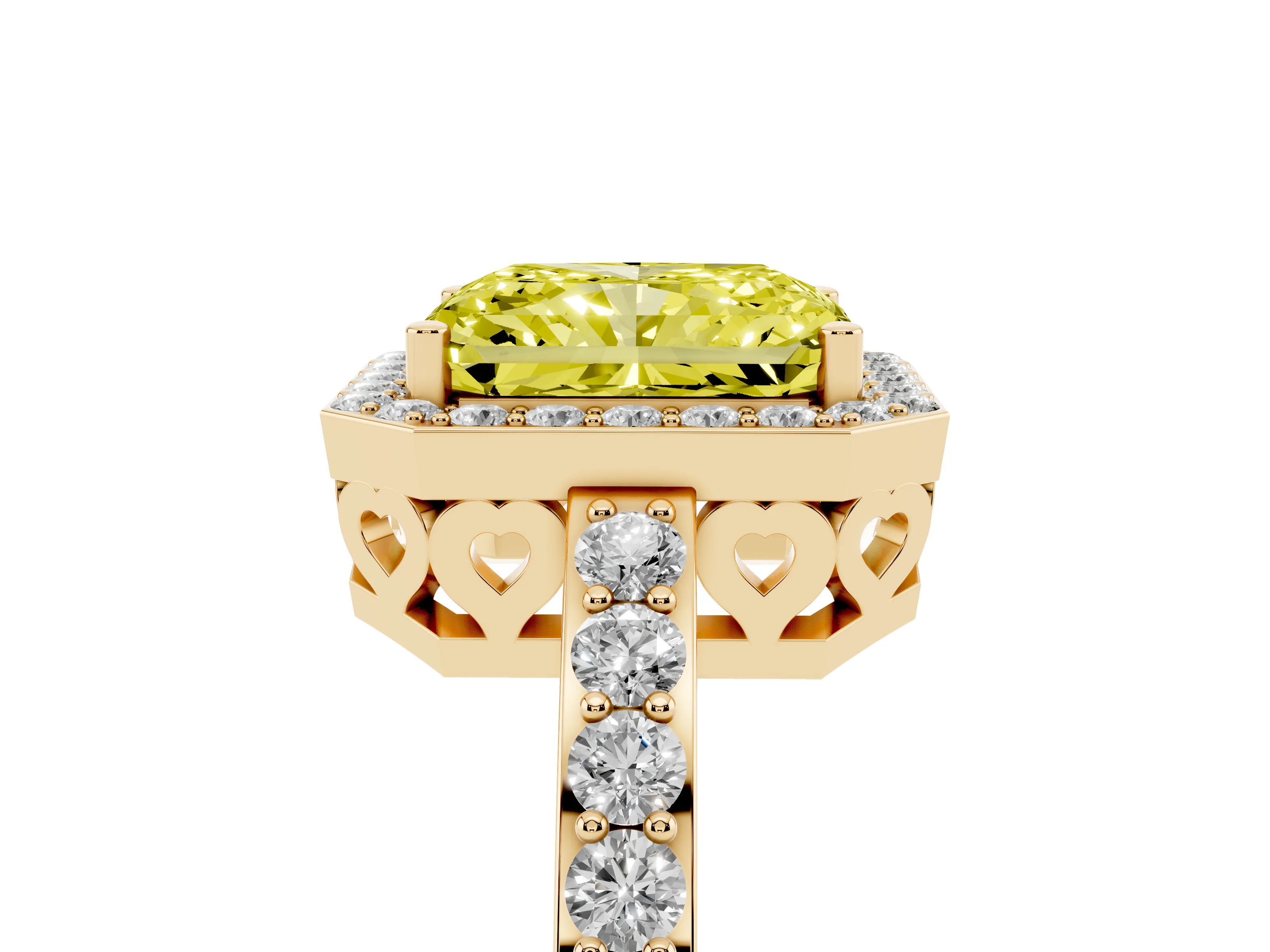 Fancy Yellow Radiant Cut Diamond Halo Ring Set in Yellow gold with Pavé-Setting Band and Open Prong Center