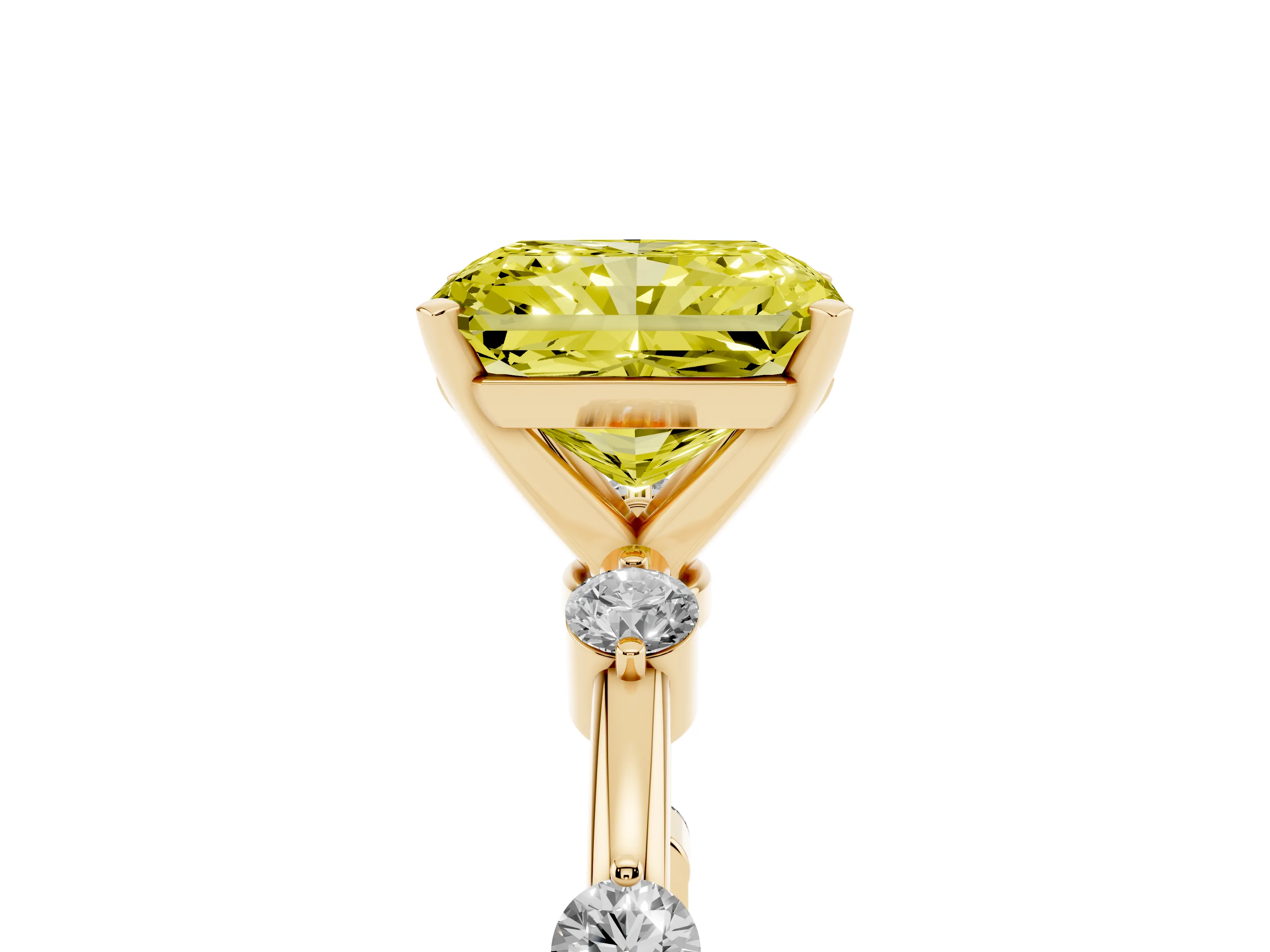 Fancy Yellow Radiant Cut Diamond Solitaire Ring Set in Yellow gold with Bezel Set Side Stones and Prong Setting