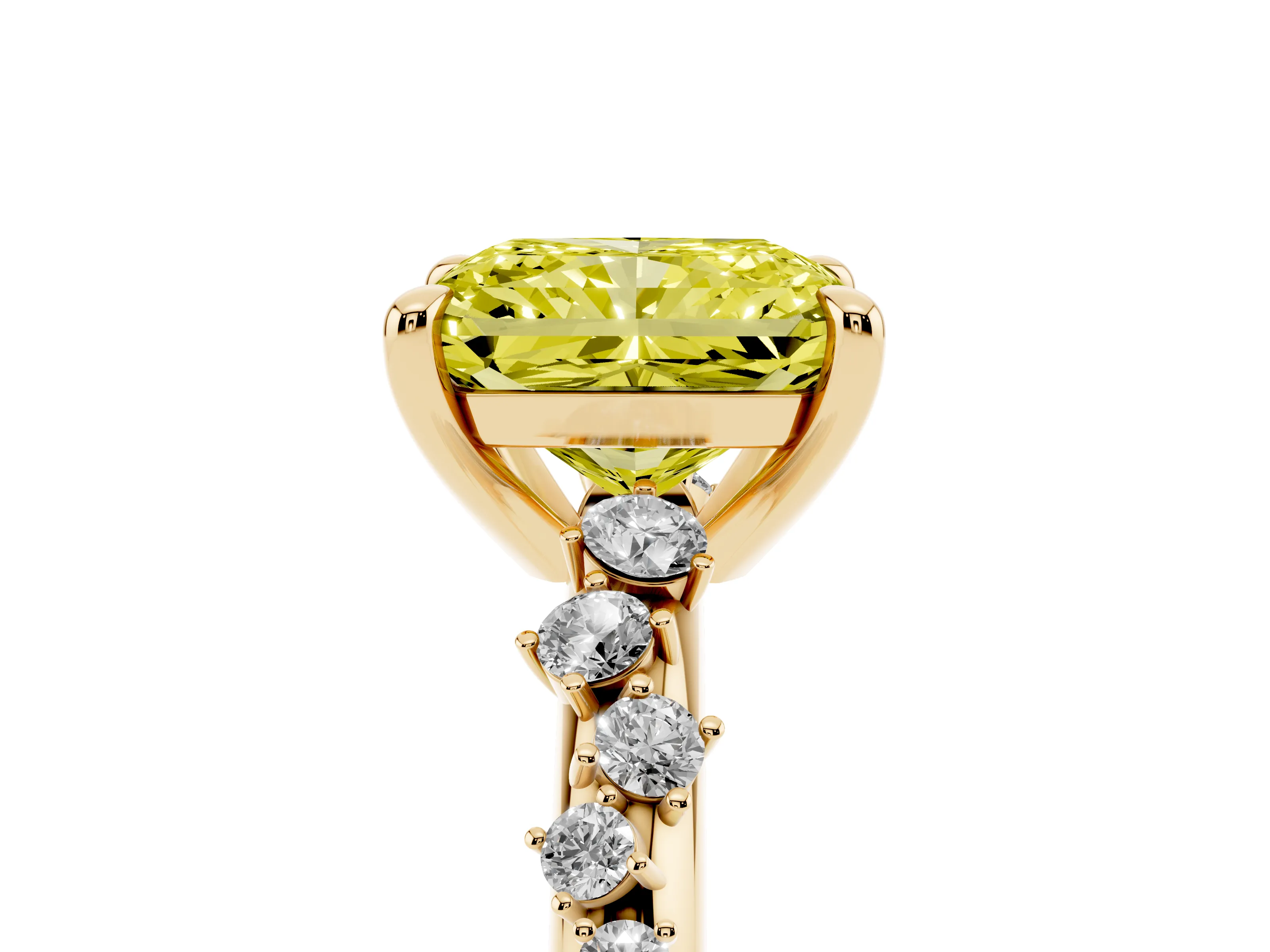 Fancy Yellow Radiant Cut Diamond Solitaire Vine Band Ring Set in Yellow gold with Round Accents and Prong Setting