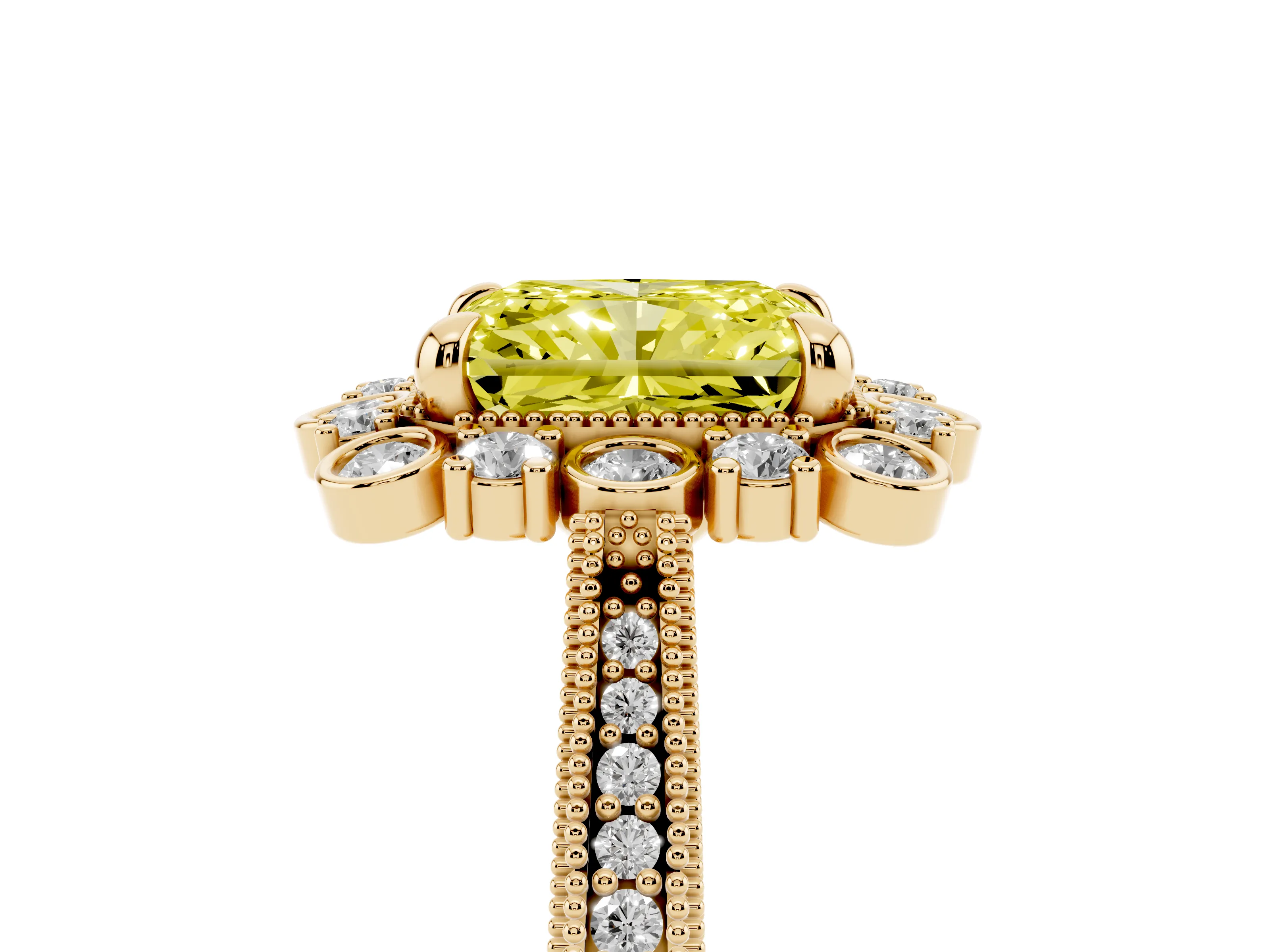 Fancy Yellow Radiant Cut Diamond Halo Milgrain Pavé Ring Set in Yellow gold with Prong Setting