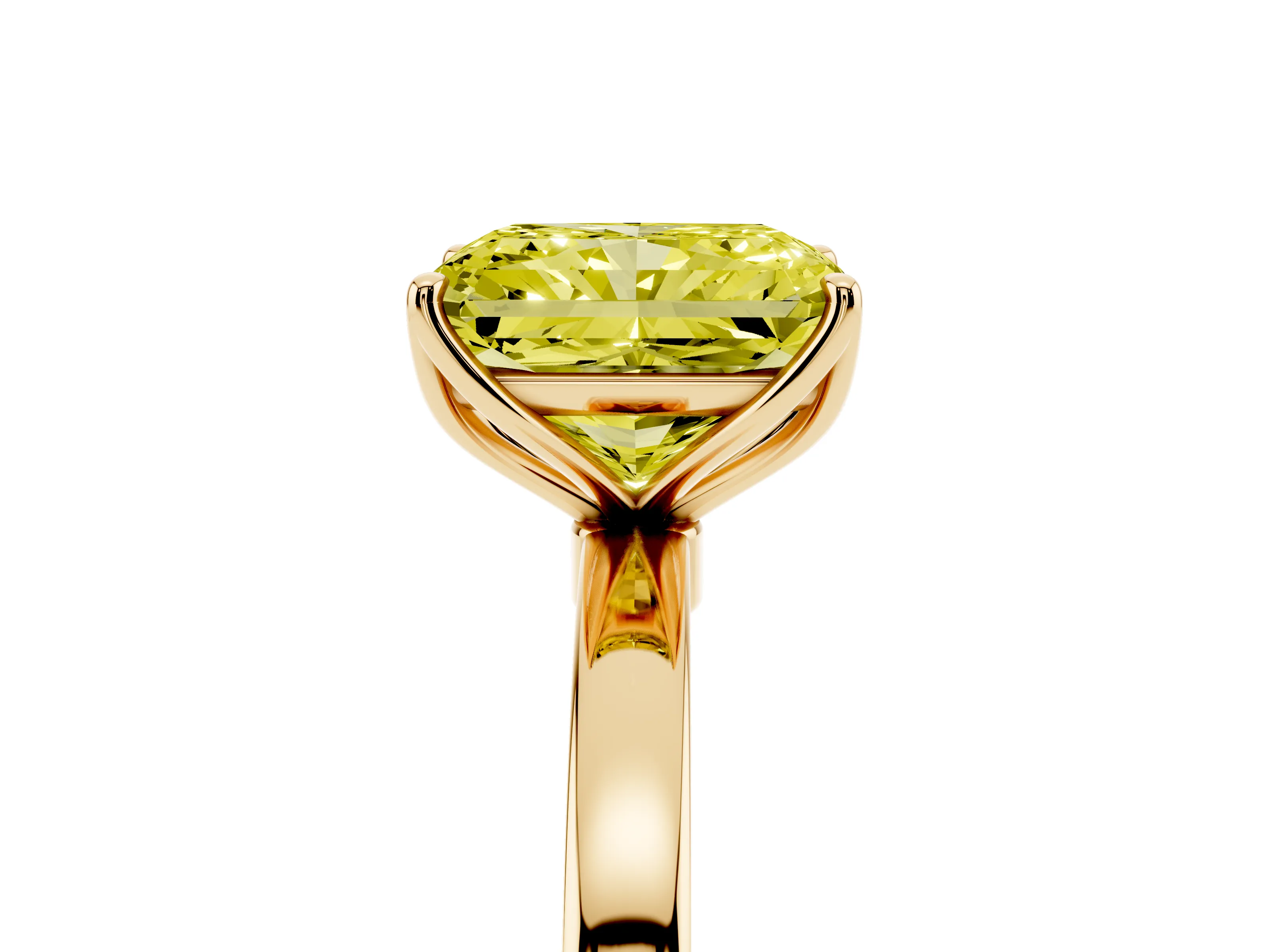 Fancy Yellow Radiant Cut Diamond Solitaire Ring Set in Yellow gold with Prong Setting and Thin Polished Band