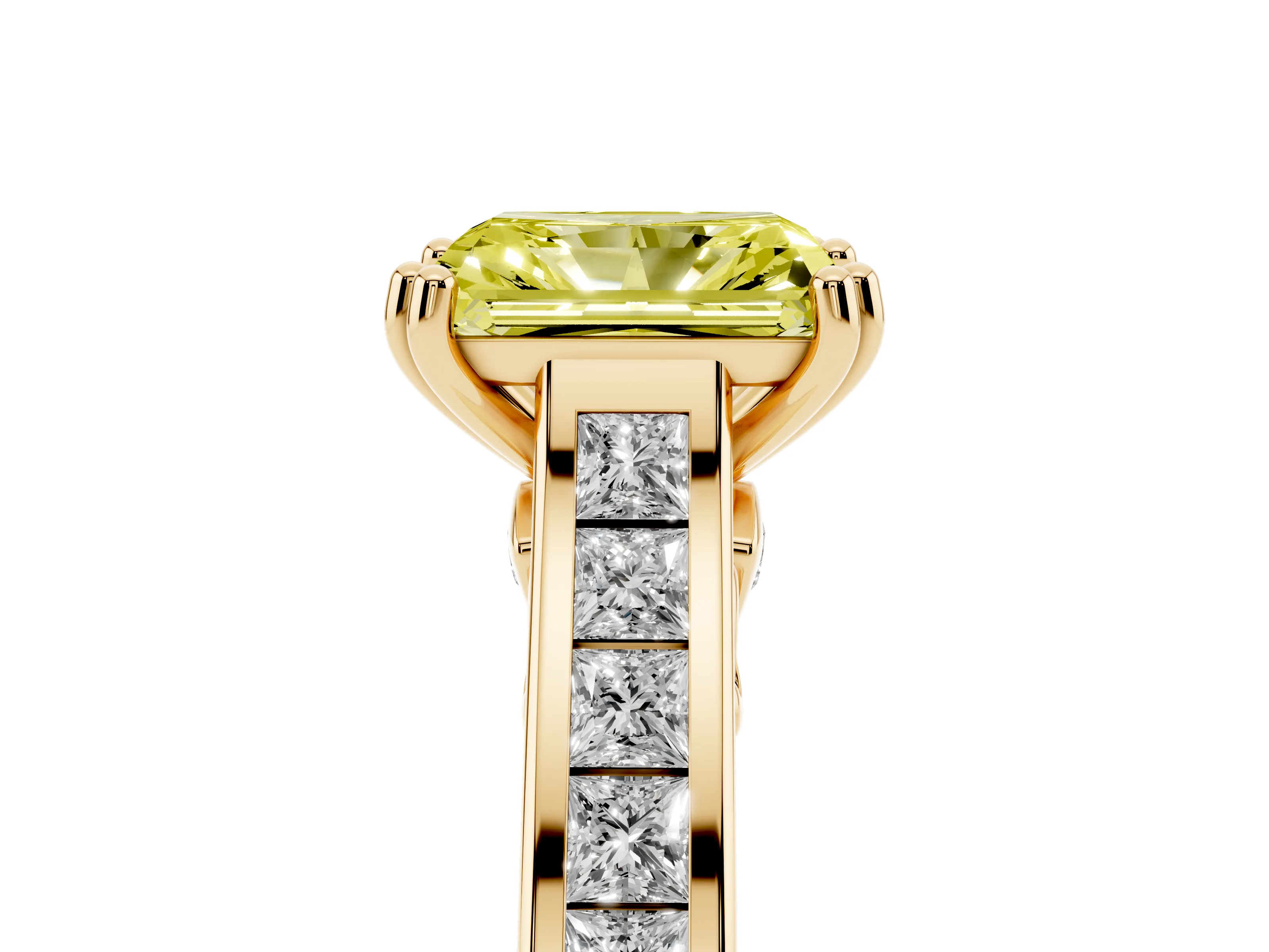 Fancy Yellow Radiant Cut Diamond Channel Set Solitaire Engagement Ring Set in Yellow gold with Prong Setting