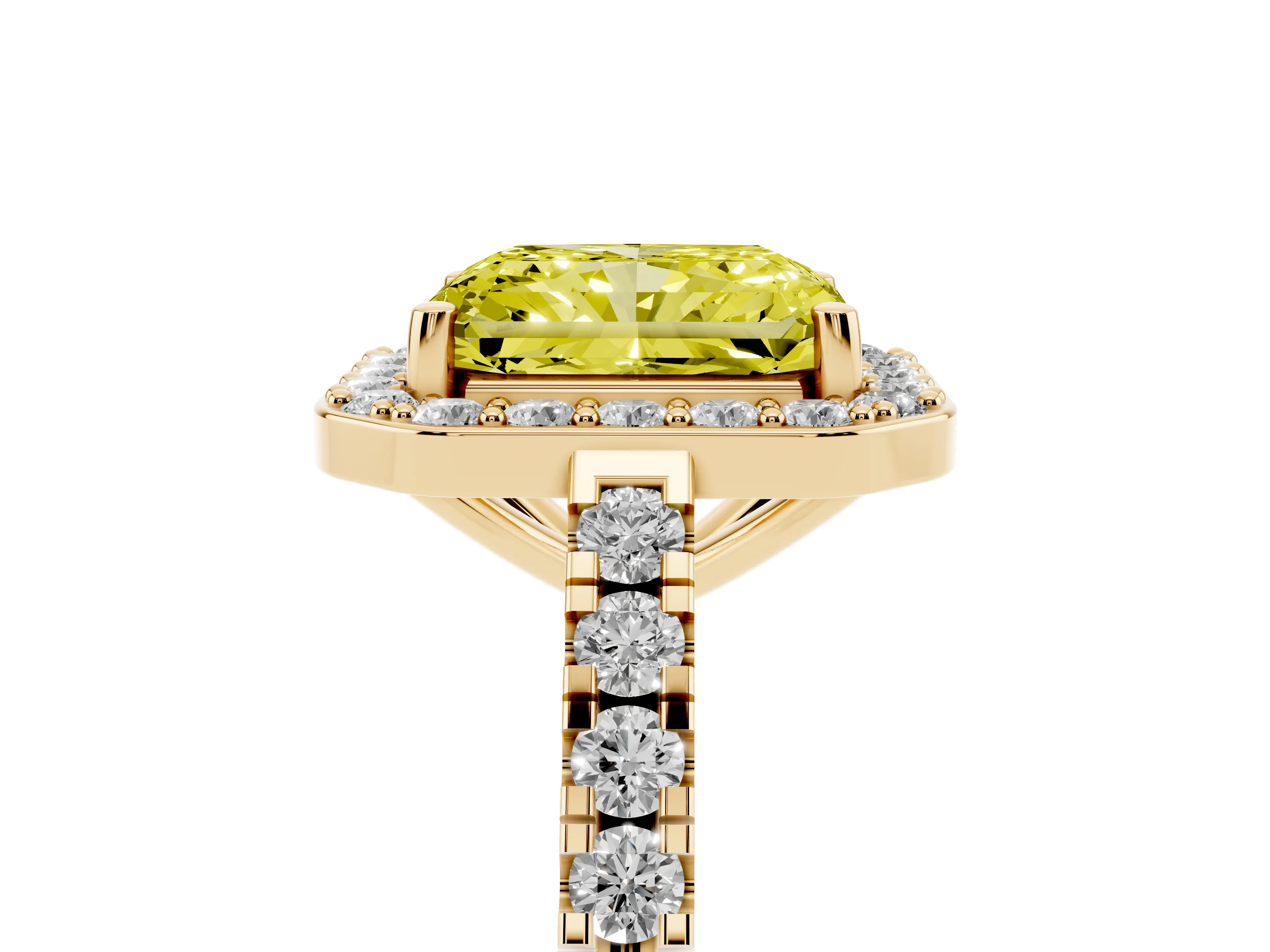 Fancy Yellow Radiant Cut Diamond Halo Ring Set in Yellow gold with Round Pavé Split Shank and Prong Setting