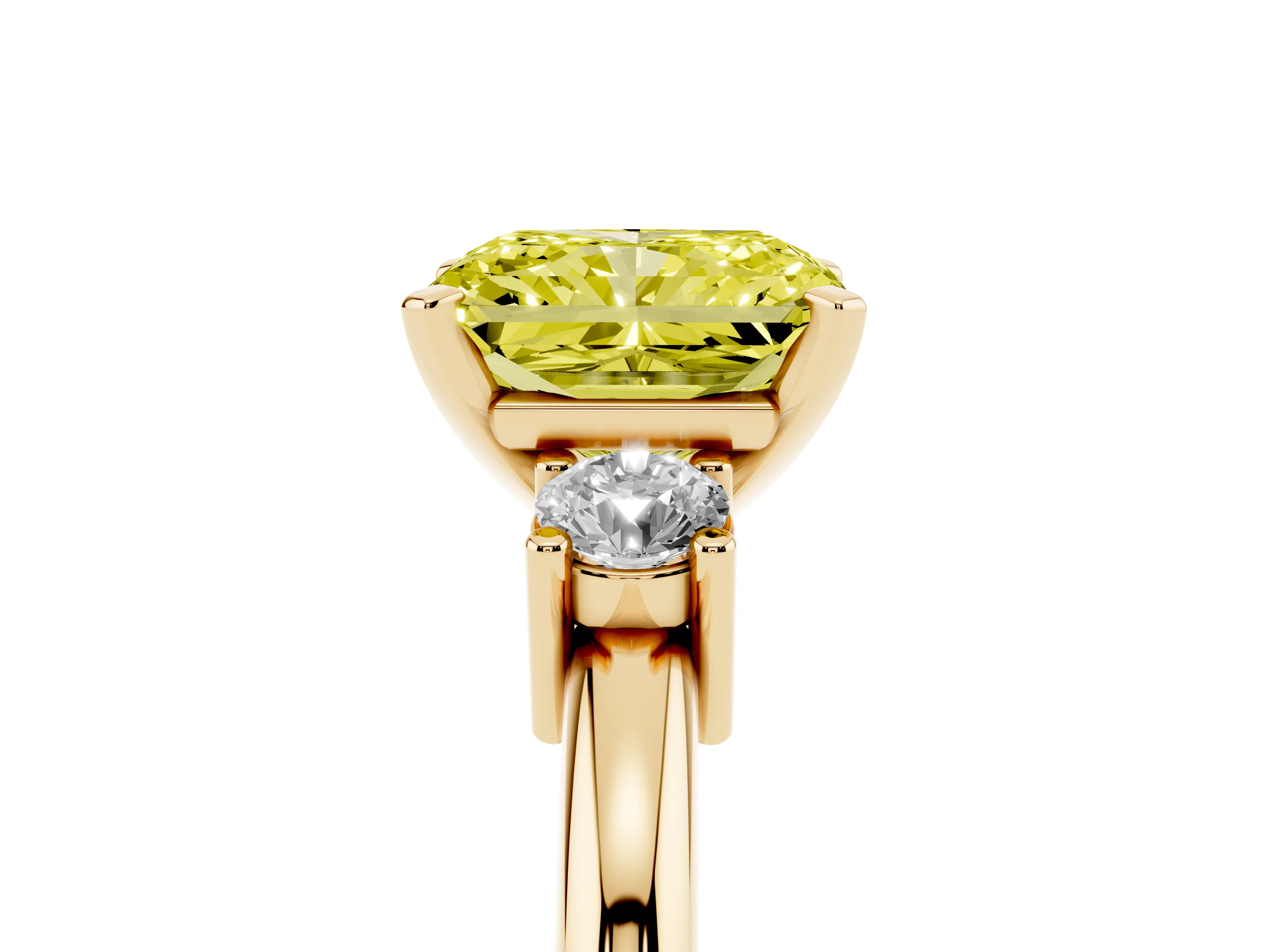 Fancy Yellow Three-Stone Radiant Cut Diamond Ring Set in Yellow gold with Prong Setting and Plain Band
