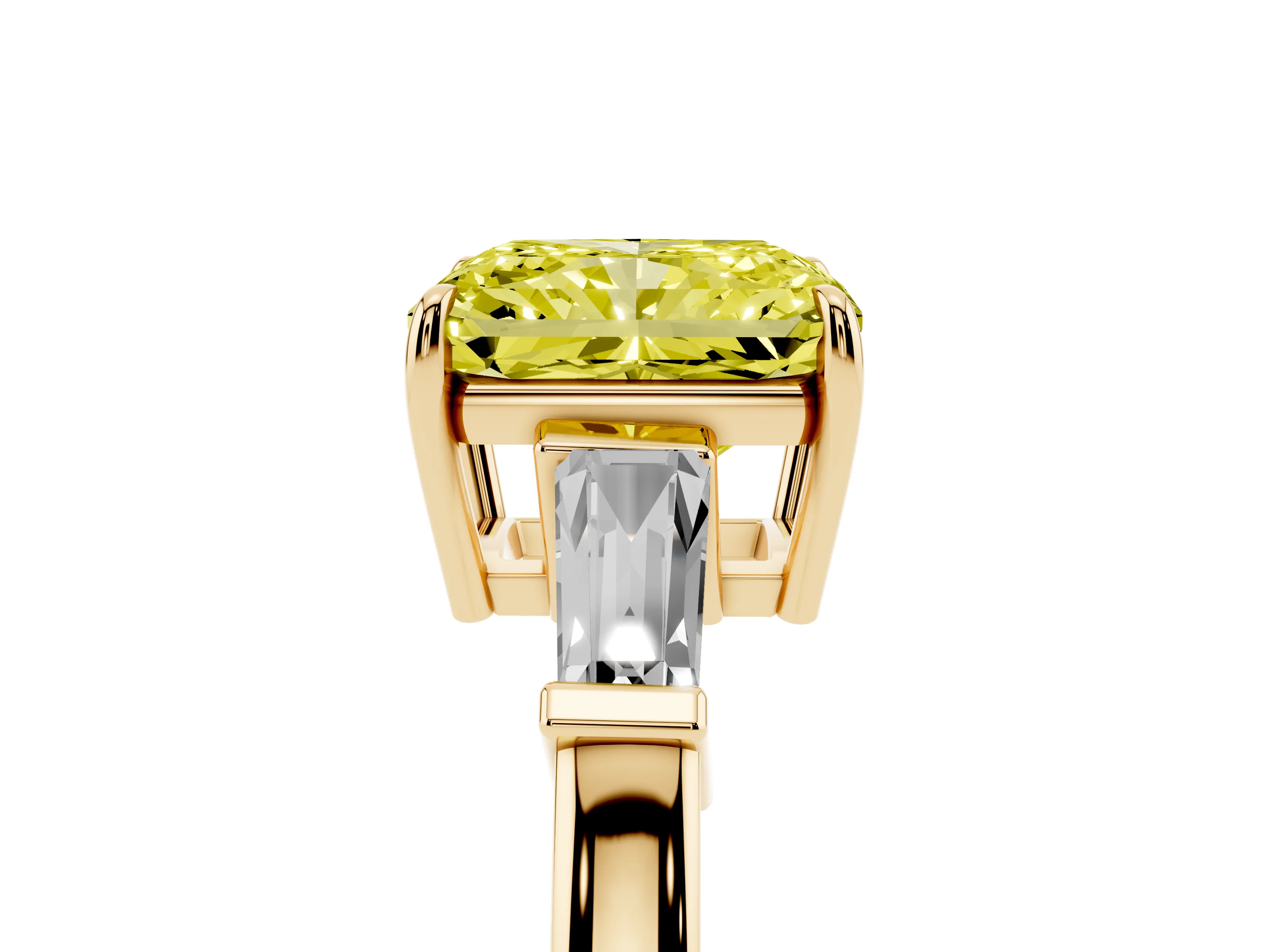 Fancy Yellow Radiant Cut Diamond Three-Stone Ring Set in Yellow gold with Tapered Baguette Side Stones and Prong Setting