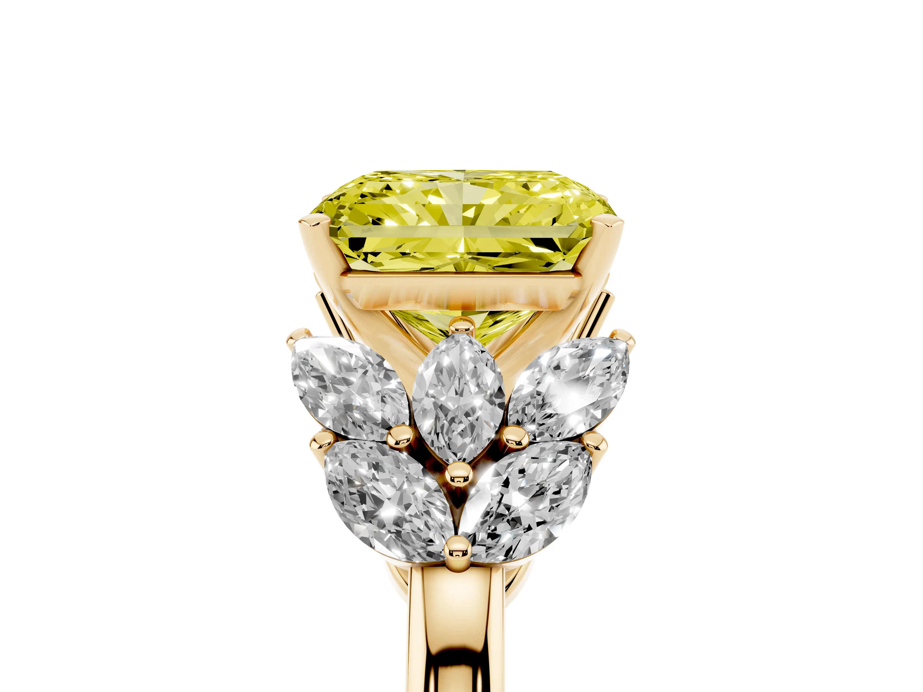Fancy Yellow Radiant Cut Diamond Cluster Leaf Design Ring Set in Yellow gold with Prong Setting