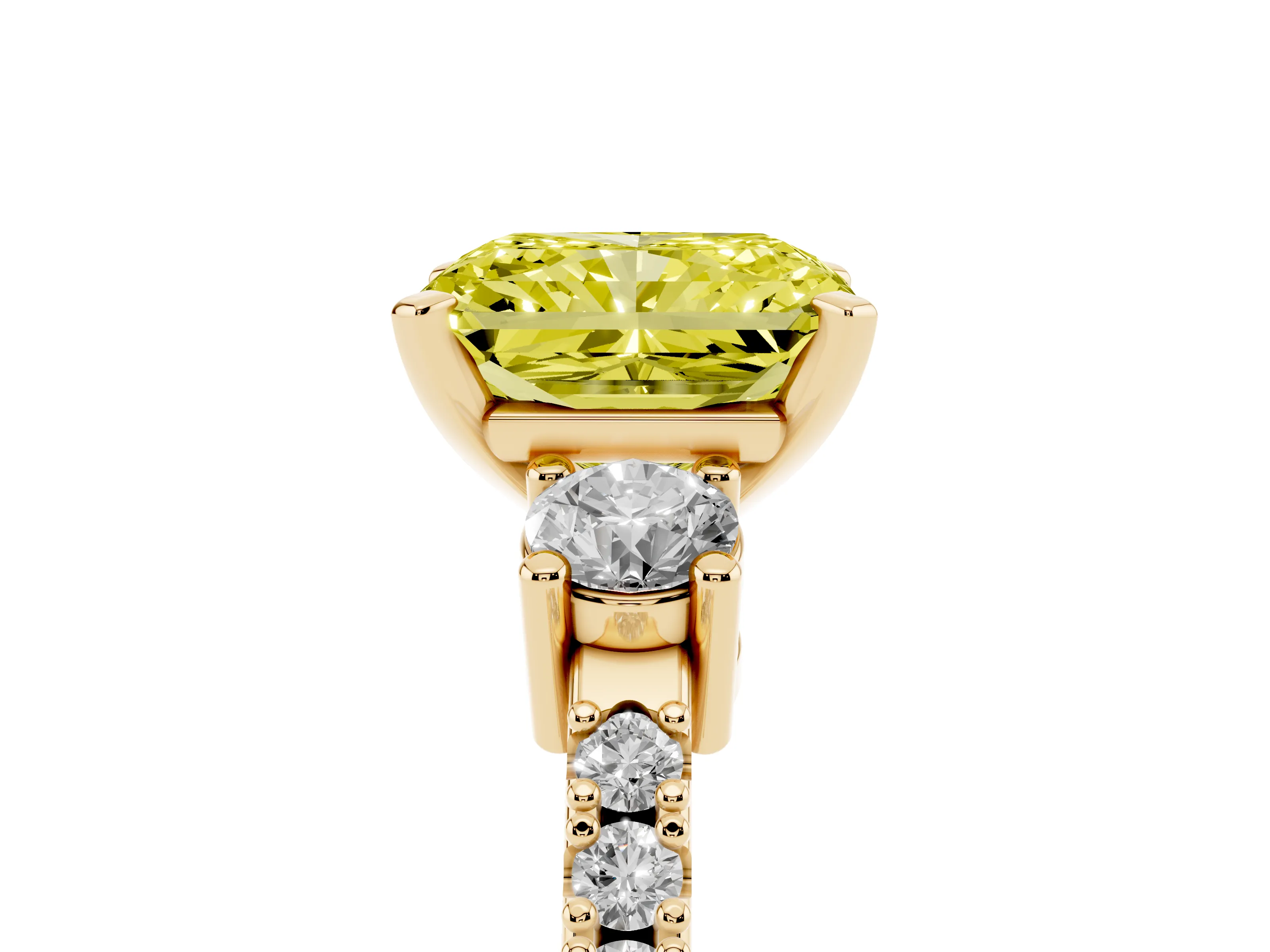 Fancy Yellow Three-Stone Radiant Cut Diamond Pavé Band Ring Set in Yellow gold with Prong Setting