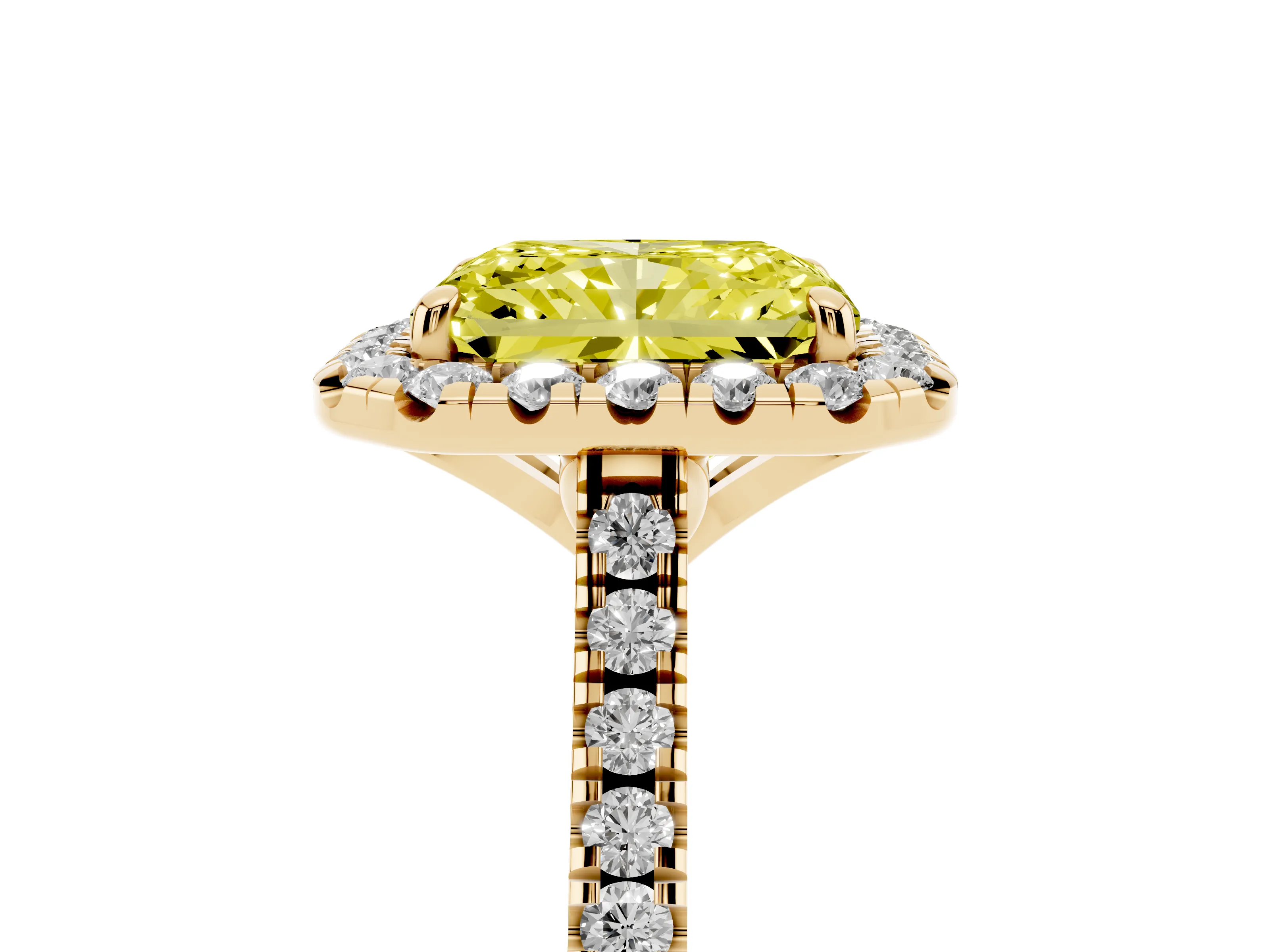 Fancy Yellow Radiant Cut Diamond Cushion Halo Ring Set in Yellow gold with Pavé Band