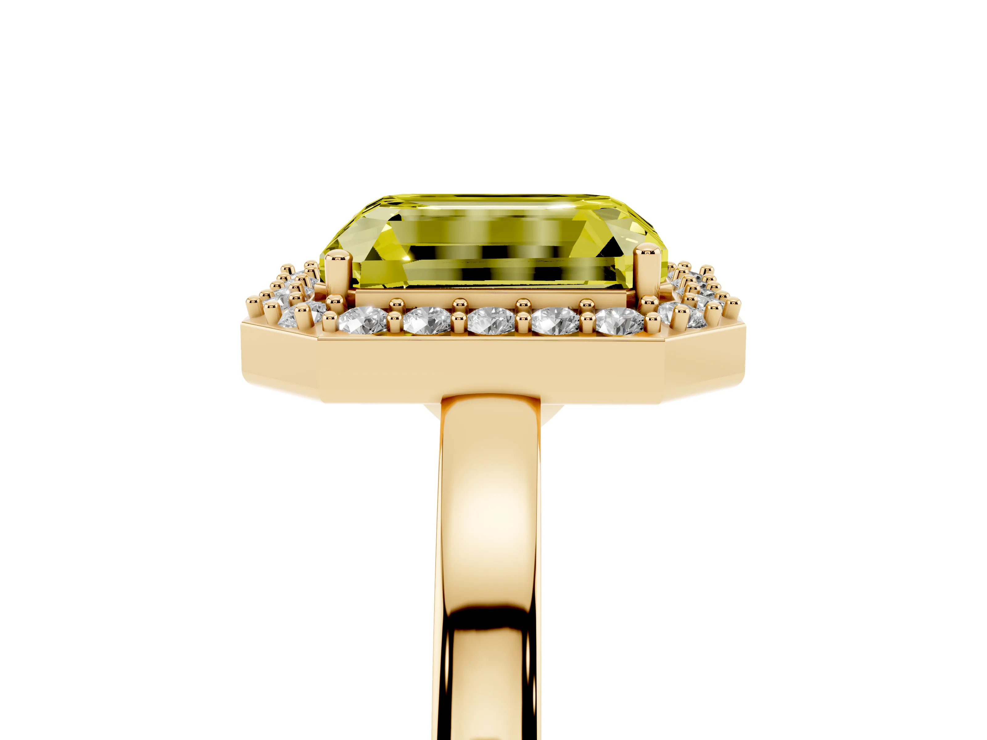 Fancy Yellow Radiant Cut Diamond Halo Ring Set in Yellow gold with Solitaire Band and Prong Setting
