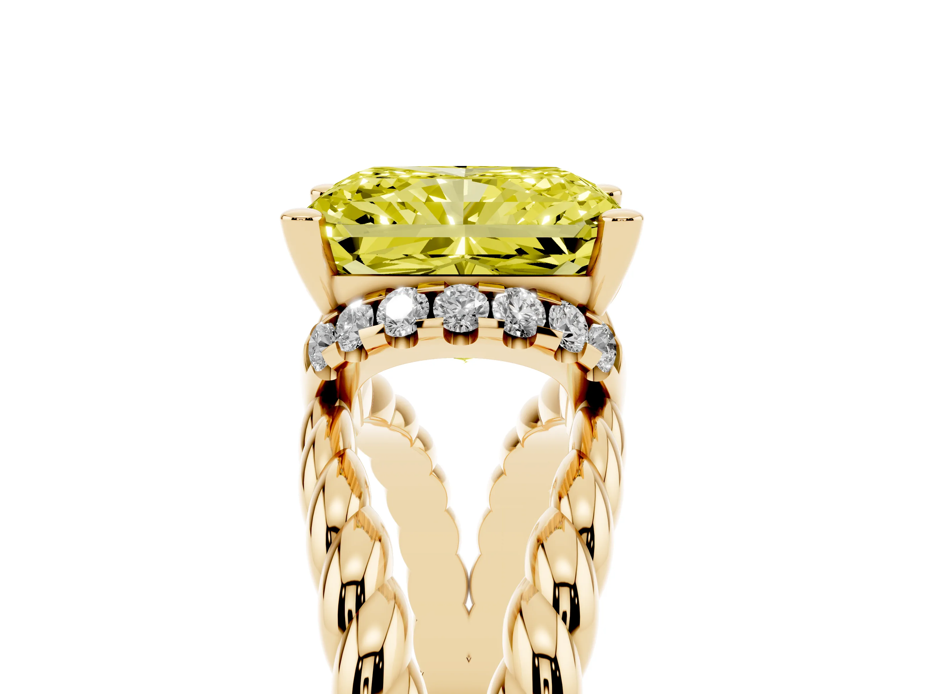 Fancy Yellow Radiant Cut Diamond Halo Ring Set in Yellow gold with Twisted Band and Prong Setting