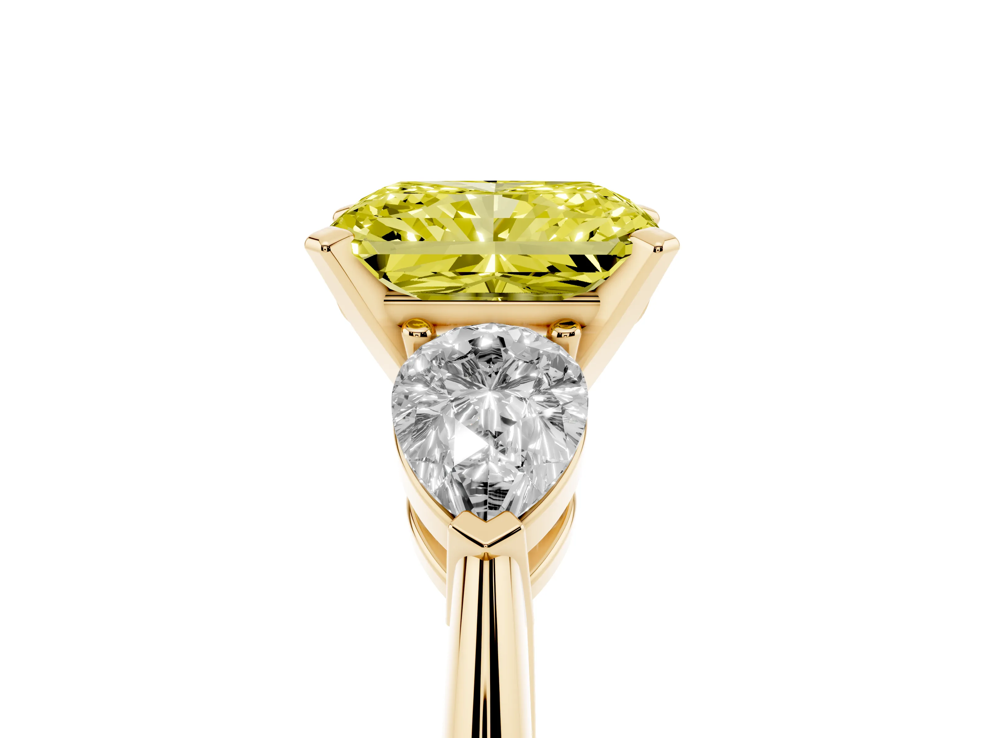 Fancy Yellow Three-Stone Radiant Cut Diamond Ring Set in Yellow gold with Pear Side Stones and Prong Setting
