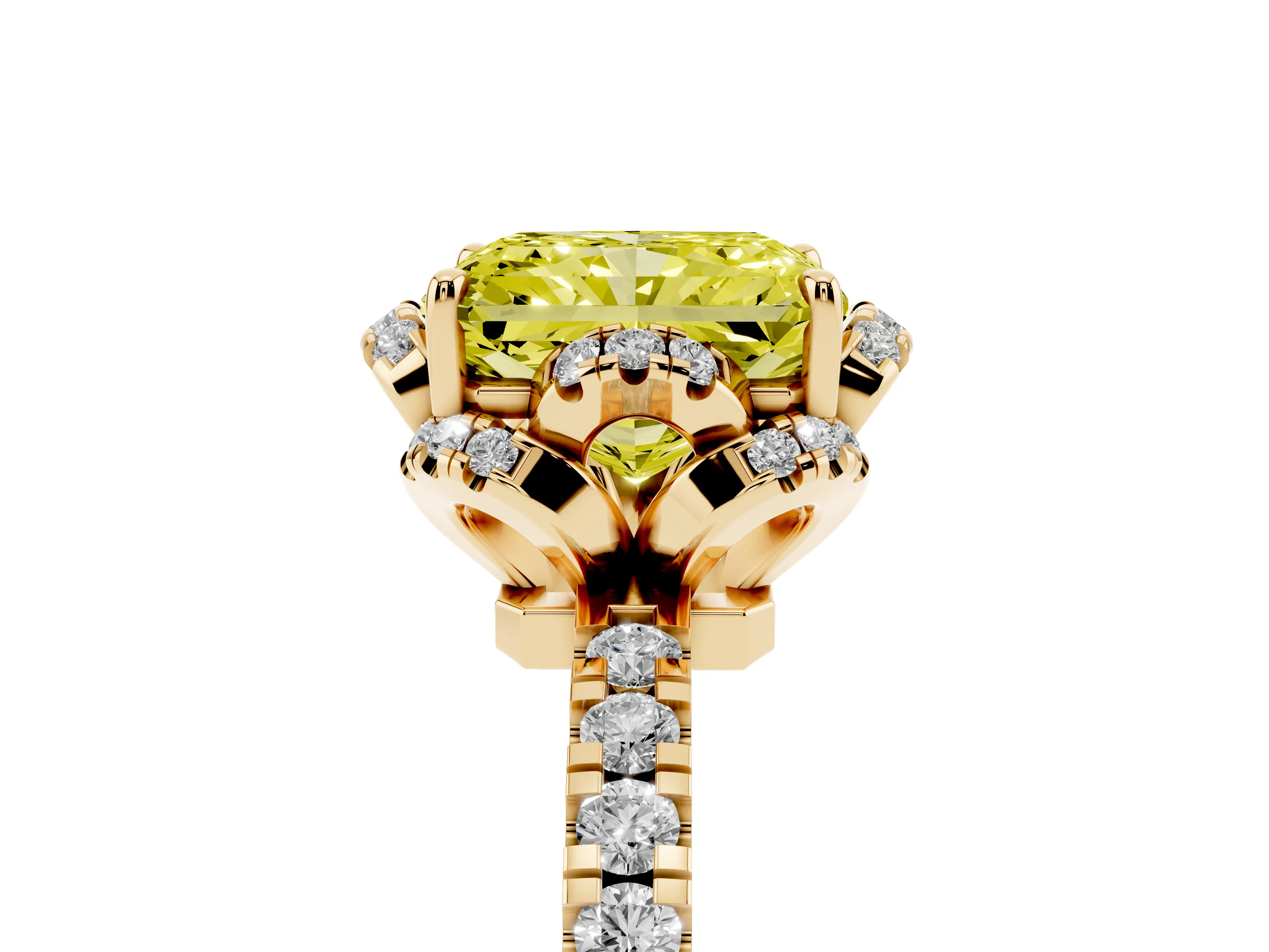 Fancy Yellow Radiant Cut Diamond Halo Pavé Band Ring Set in Yellow gold with Prong-Held Center