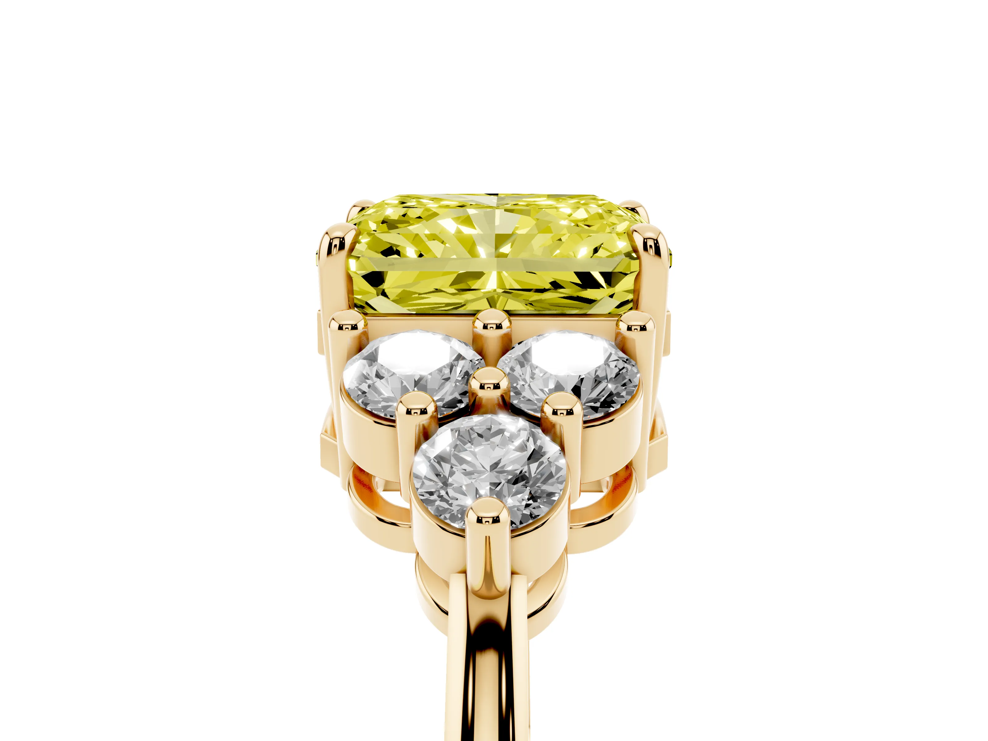 Fancy Yellow Radiant Cut Diamond Solitaire Ring Set in Yellow gold with Cluster Accents on Each Side