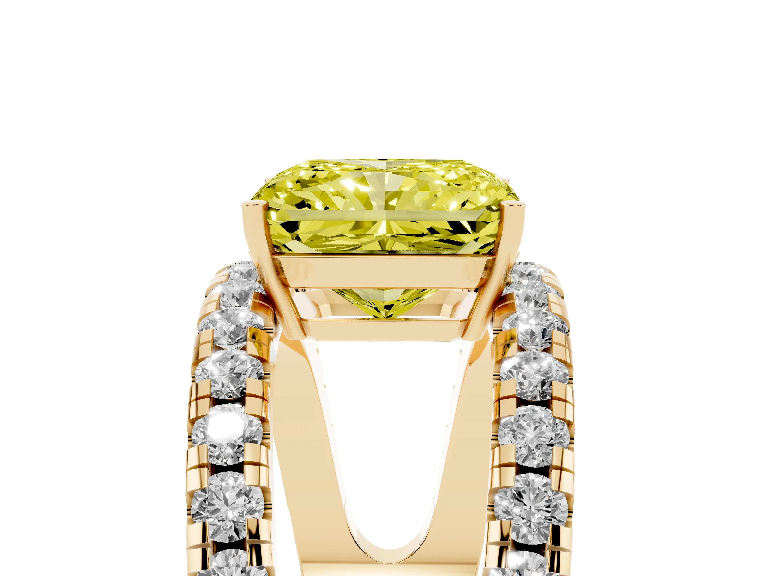 Fancy Yellow Radiant Cut Diamond Split Shank Pavé Solitaire Ring Set in Yellow gold with Open Shank Design