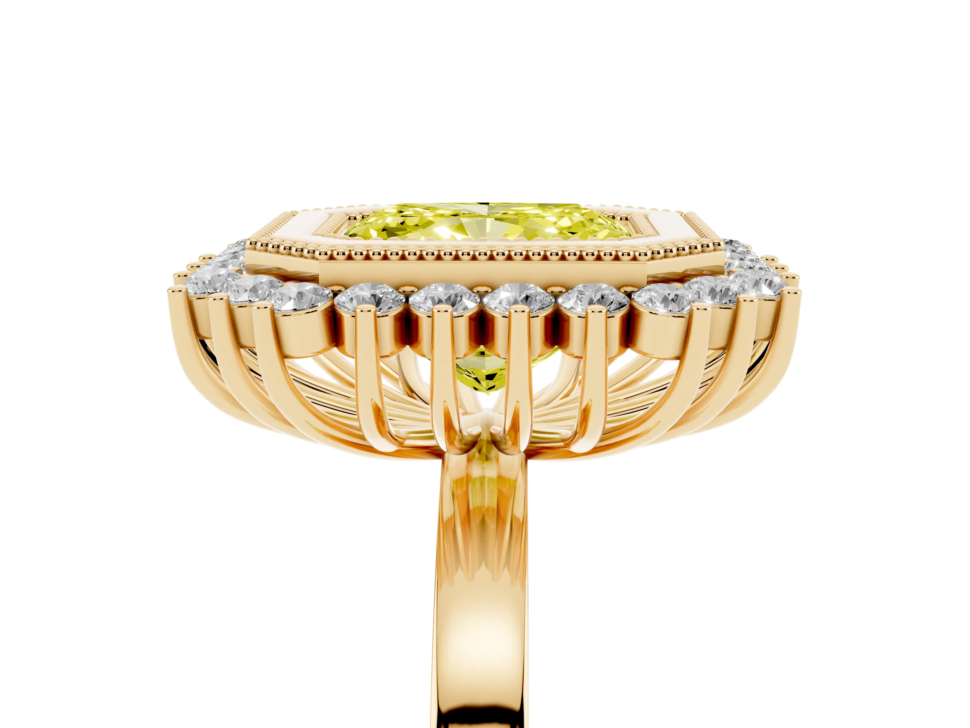Fancy Yellow Radiant Cut Diamond Halo Ring Set in Yellow gold with Milgrain Edge and Round Prong Setting