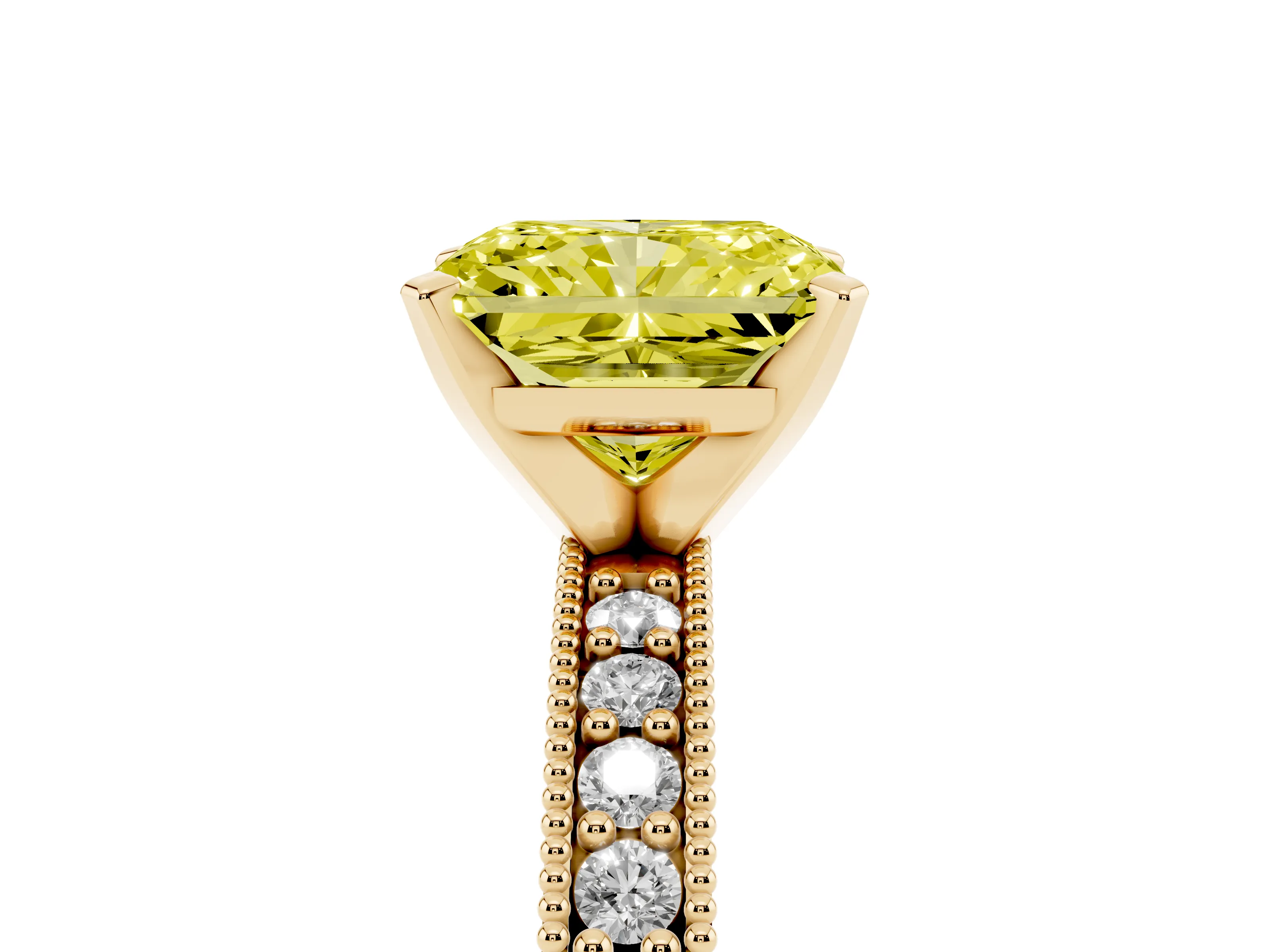 Fancy Yellow Radiant Cut Diamond Milgrain Pavé Engagement Ring Set in Yellow gold with Prong Setting