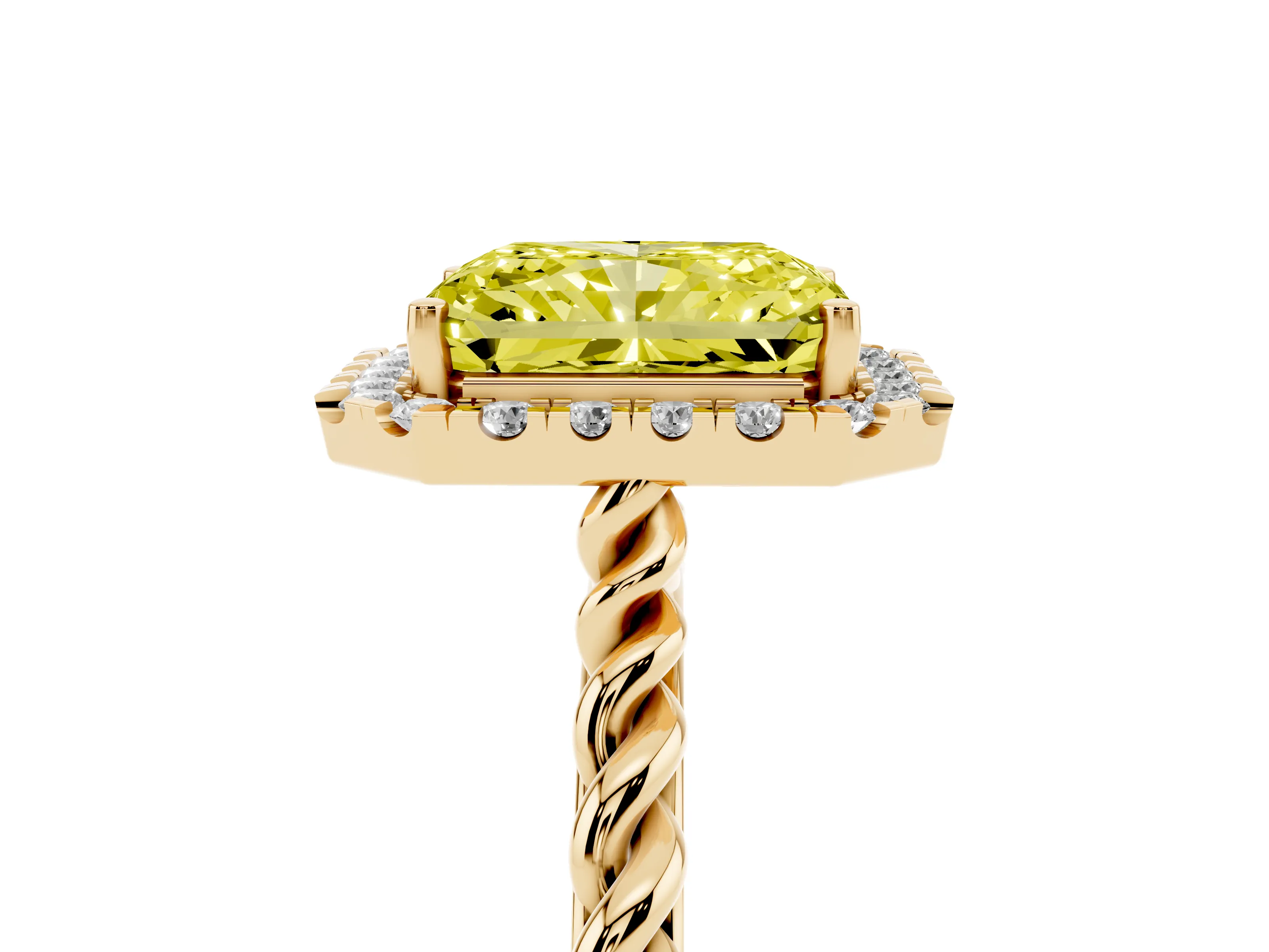 Fancy Yellow Radiant Cut Diamond Halo Ring Set in Yellow gold with Plain Twisted Band