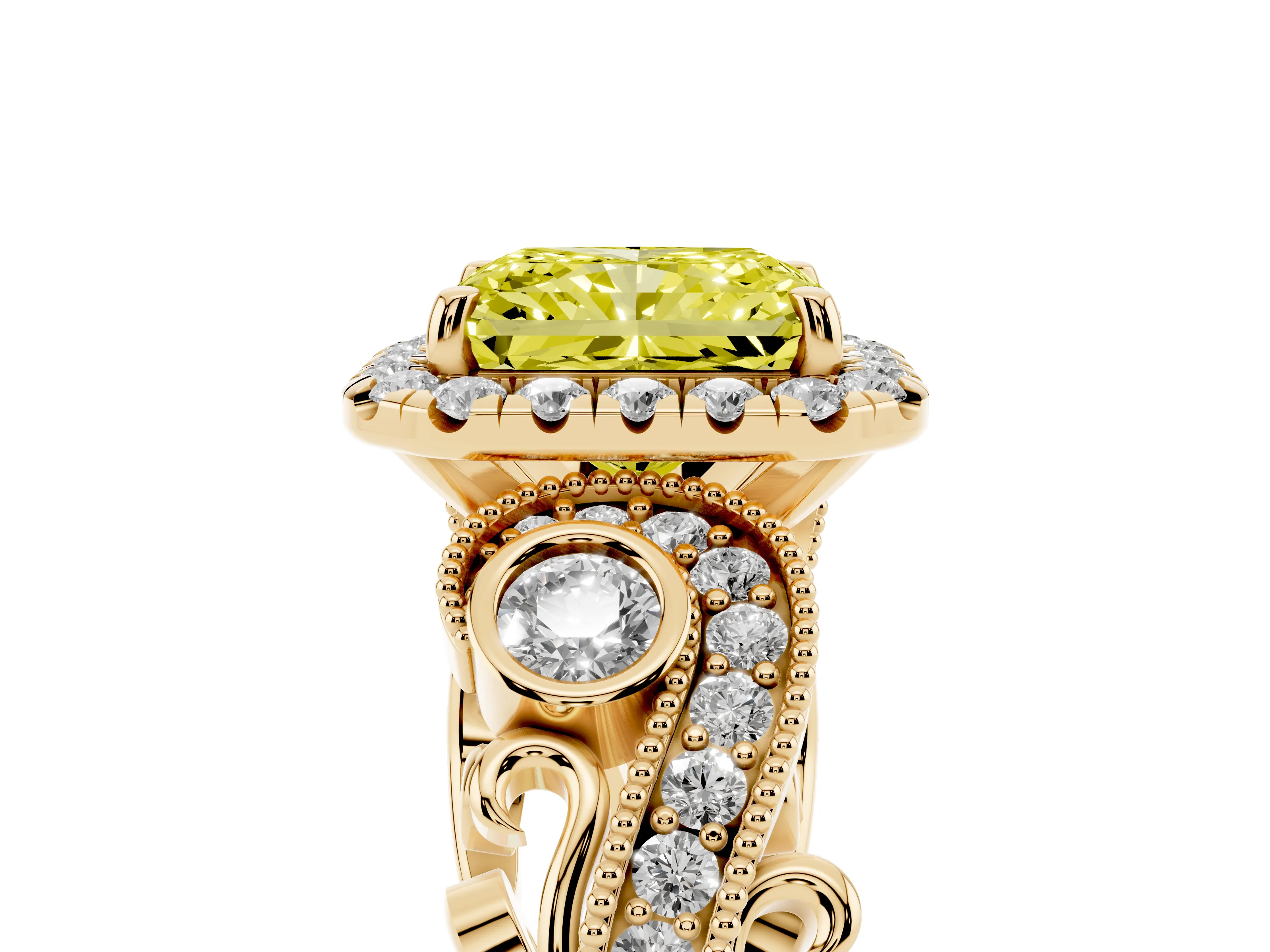 Fancy Yellow Radiant Cut Diamond Halo Ring Set in Yellow gold with Milgrain Pavé Band and Prong Setting