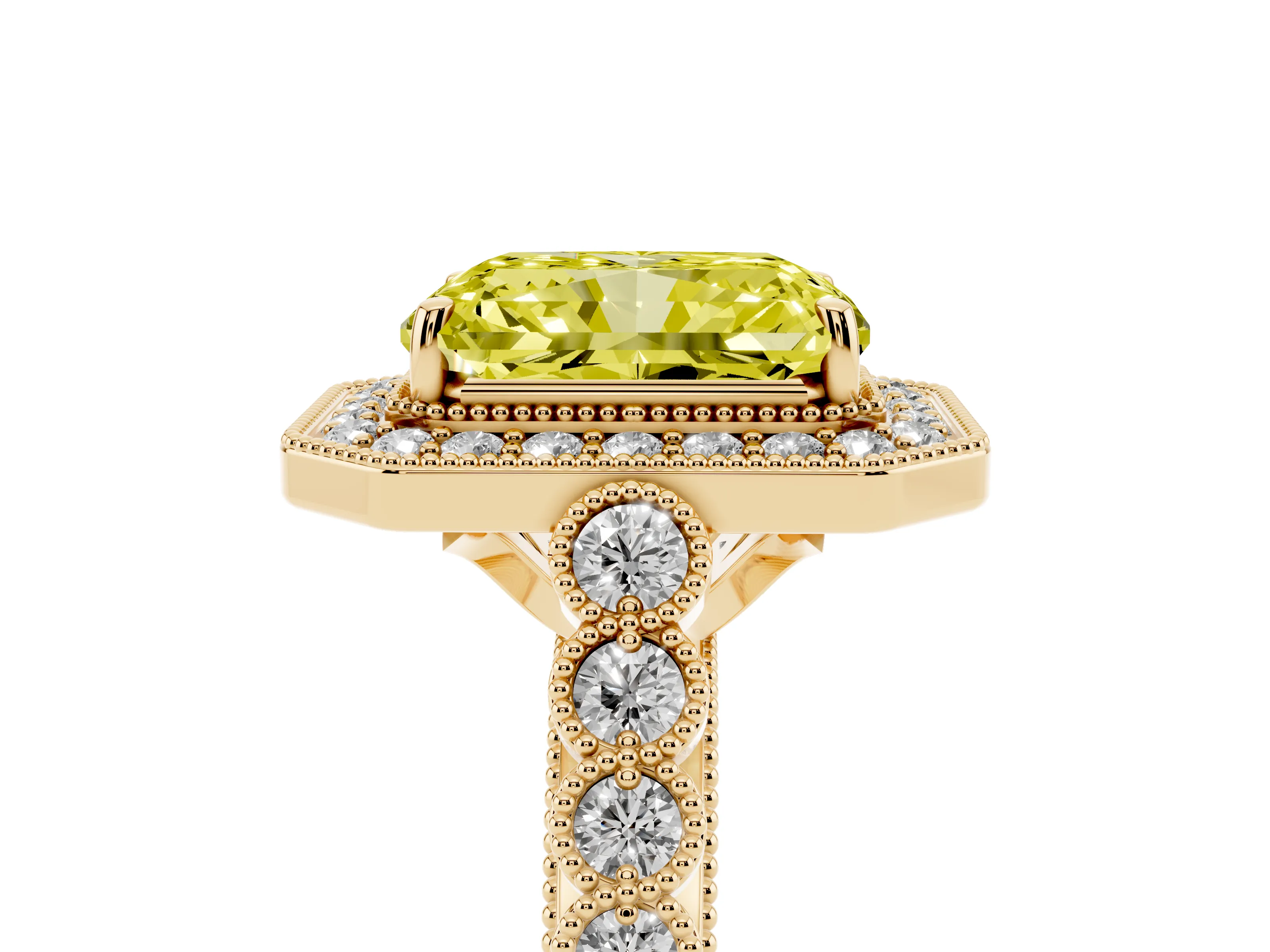 Fancy Yellow Radiant Cut Diamond Milgrain Halo Solitaire Ring Set in Yellow gold with Bezel Set Side Stones and Pavé Band