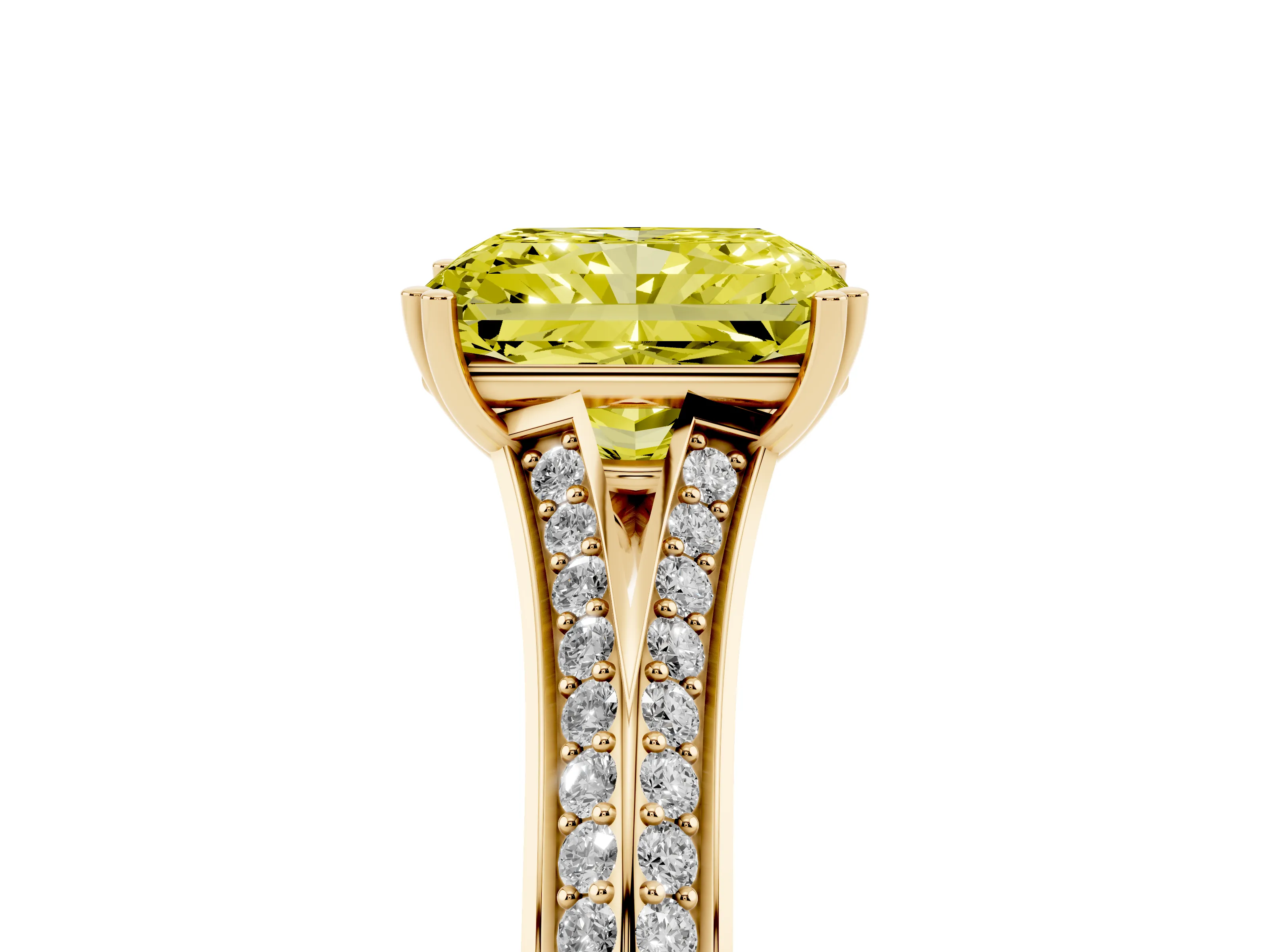 Fancy Yellow Radiant Cut Diamond Split Shank Pavé Engagement Ring Set in Yellow gold with Prong-Set Center Stone