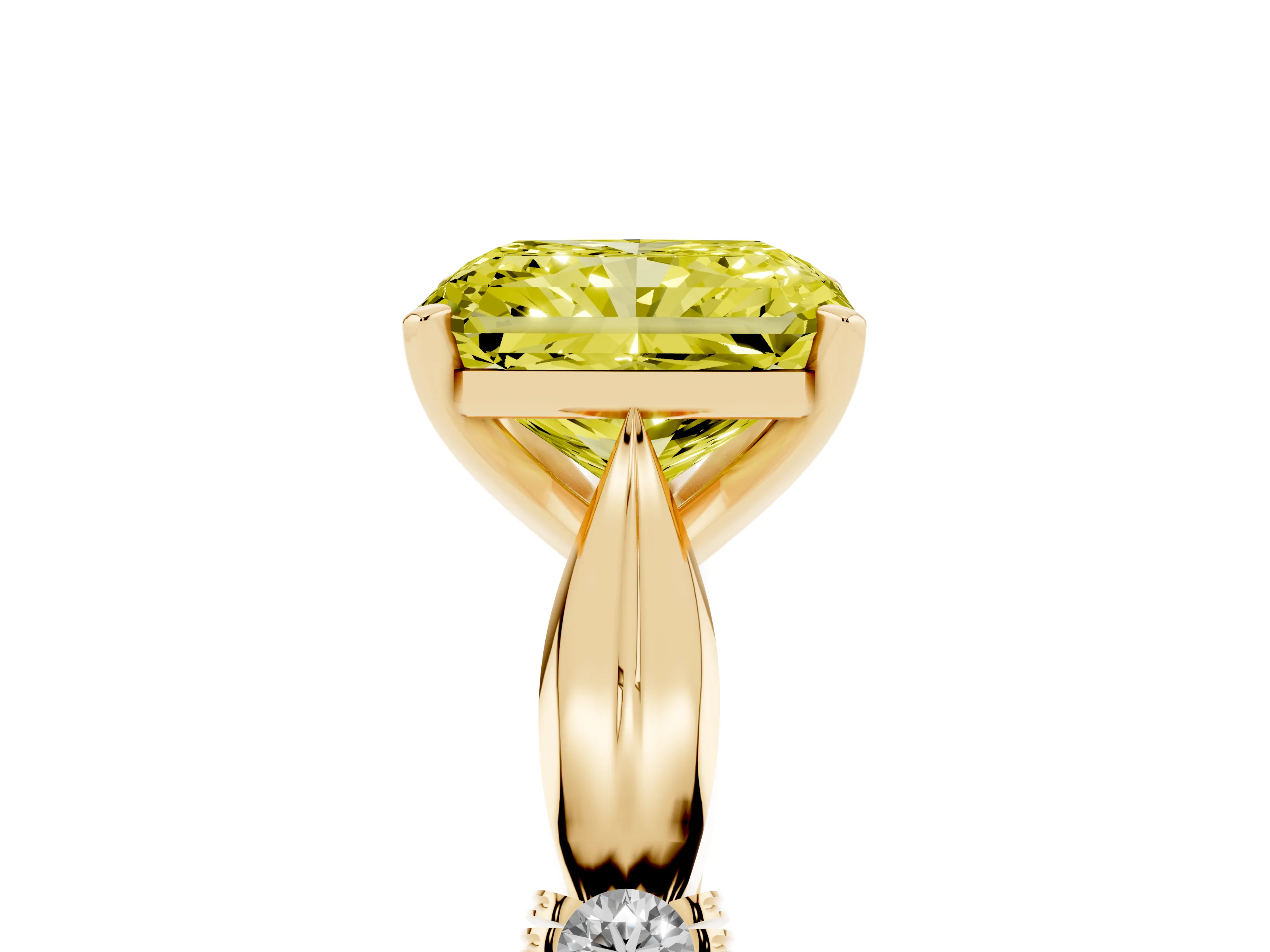 Fancy Yellow Radiant Cut Diamond Solitaire Twisted Band Ring Set in Yellow gold with Accent Stones and Prong Setting
