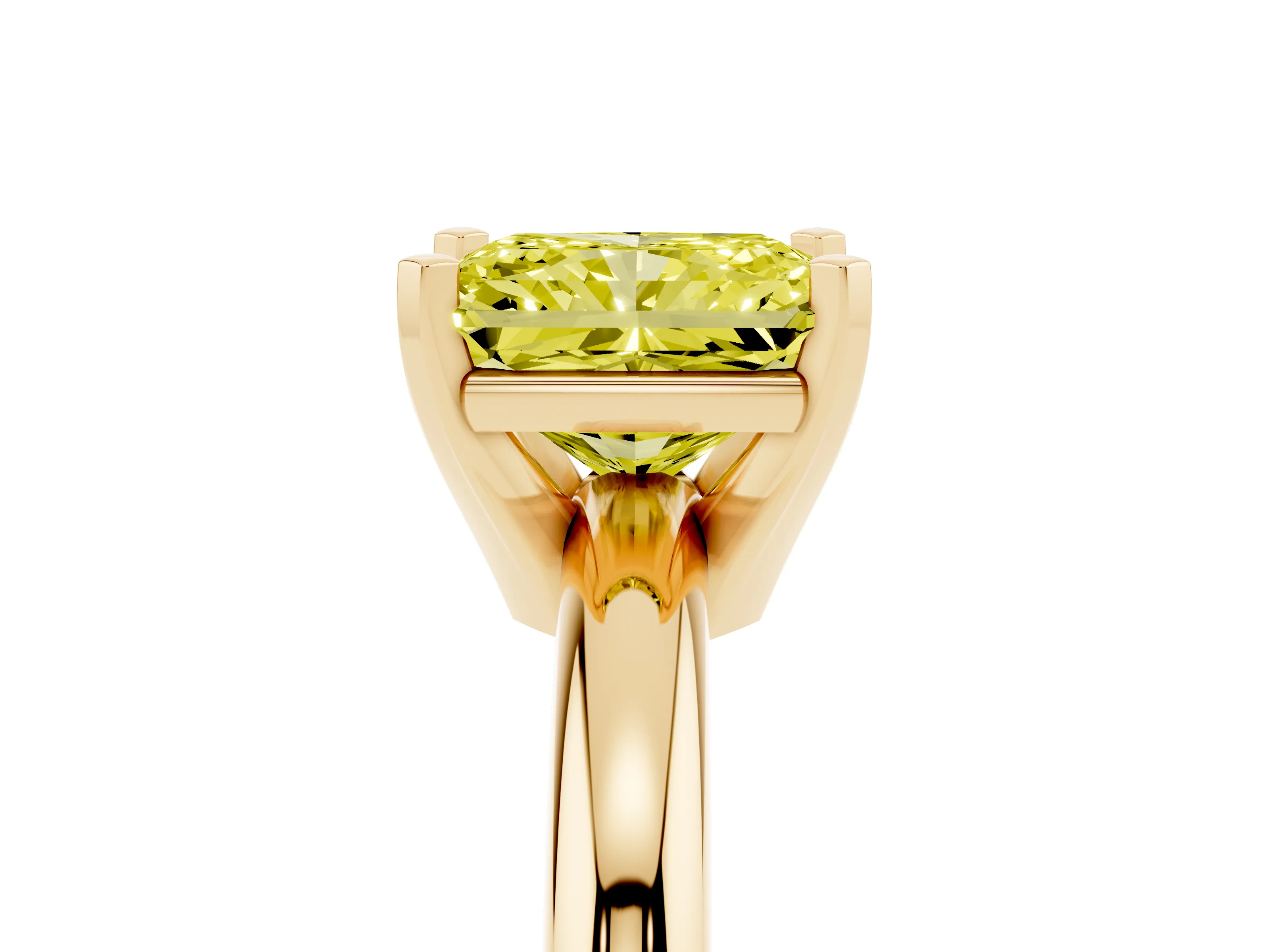 Fancy Yellow Radiant Cut Diamond Solitaire Engagement Ring Set in Yellow gold with Round Band and Prong Setting