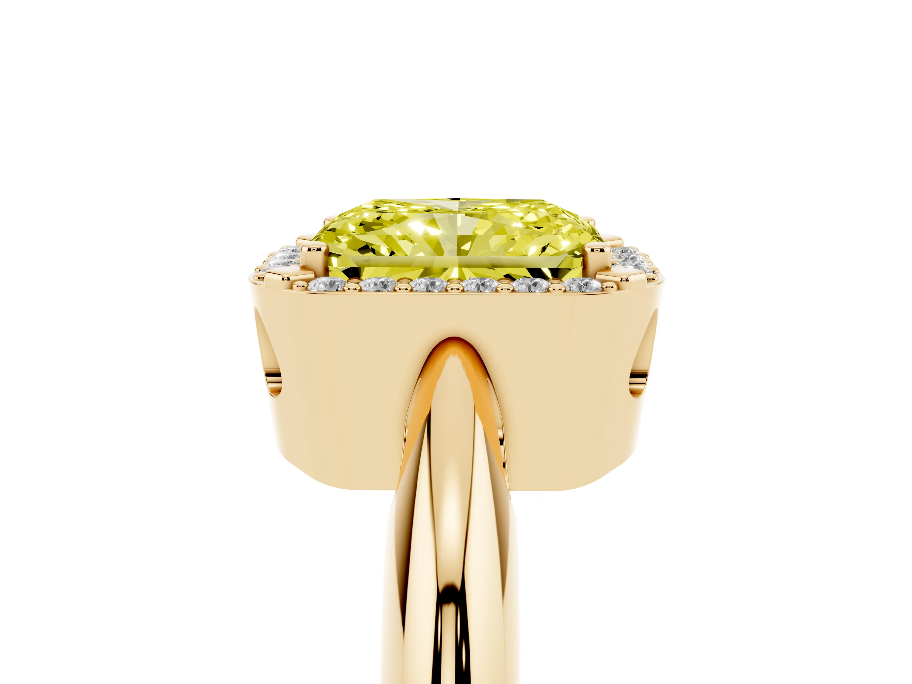 Fancy Yellow Radiant Cut Diamond Halo Engagement Ring Set in Yellow gold with Plain Split Shank and Prong Setting