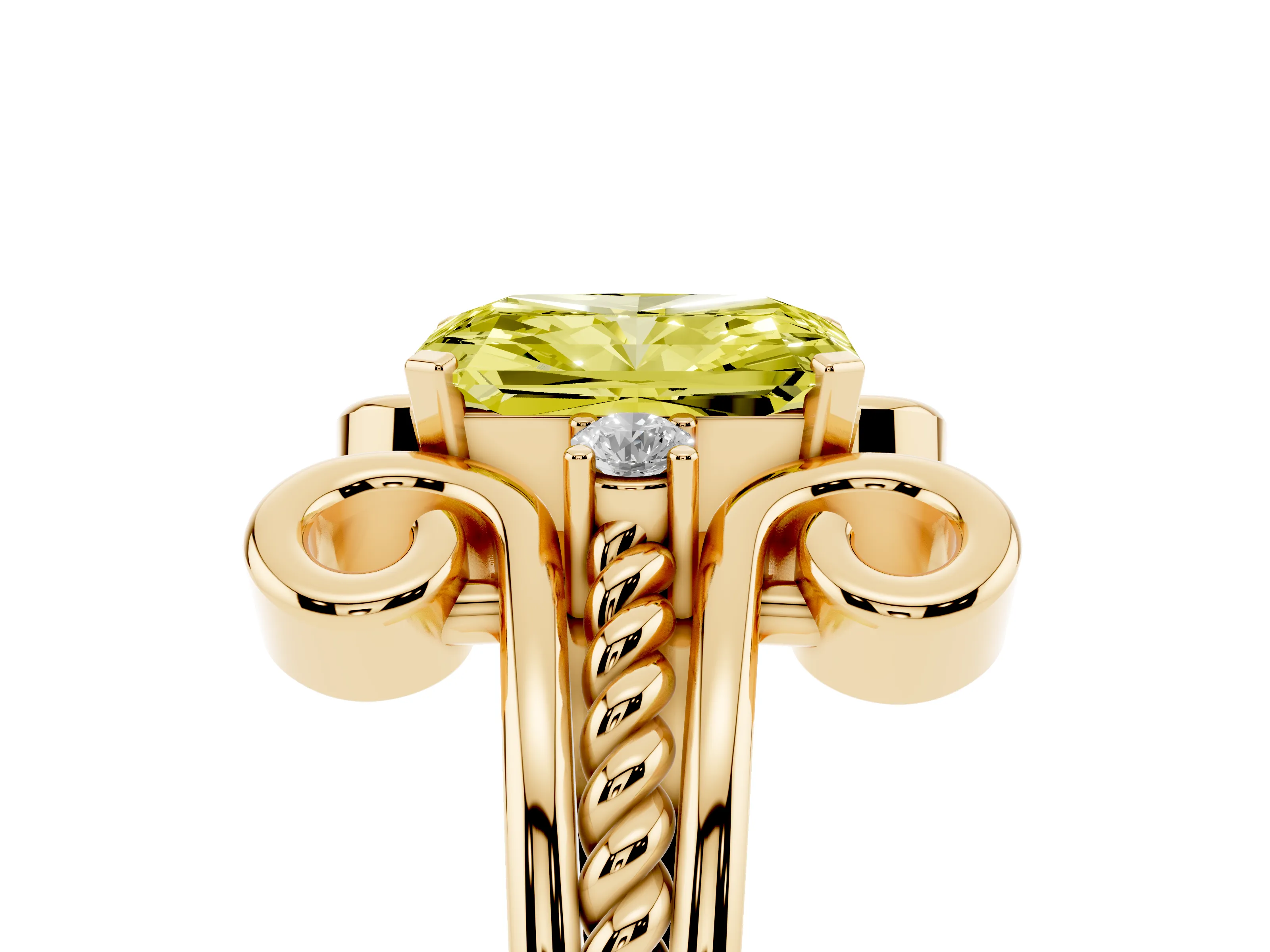 Fancy Yellow Radiant Cut Diamond Twisted Band Solitaire Ring Set in Yellow gold with Scroll Prongs