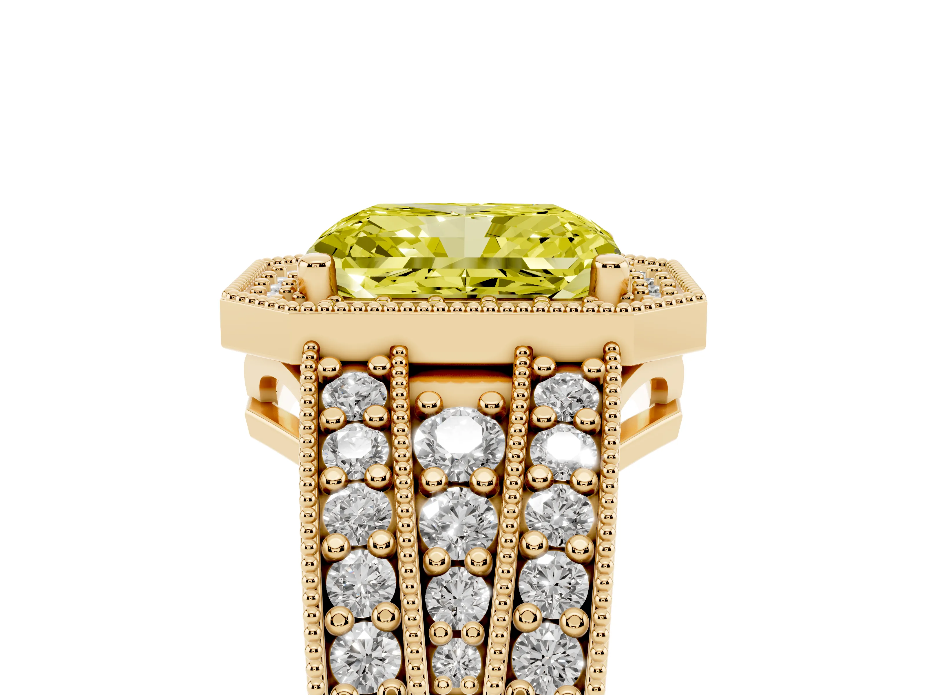 Fancy Yellow Radiant Cut Diamond Halo Ring Set in Yellow gold with Accent Split Shank and Prong Setting