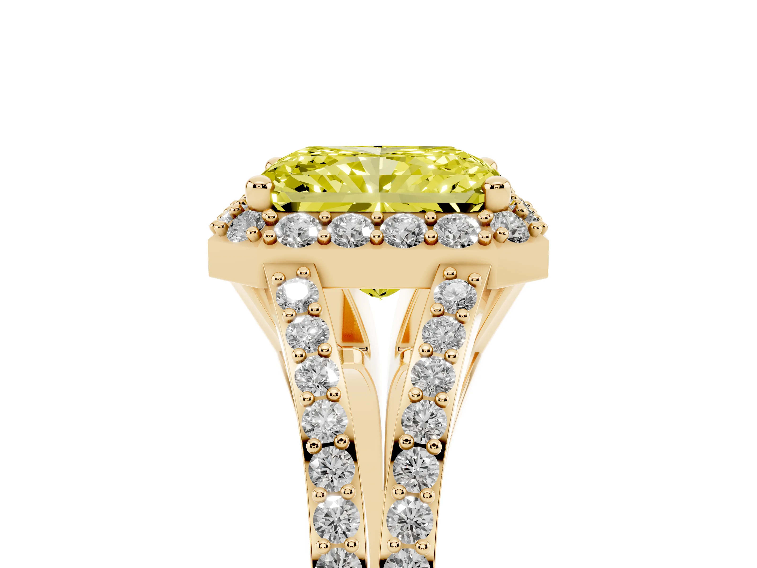 Fancy Yellow Radiant Cut Diamond Halo Split Shank Pavé Ring Set in Yellow gold with Prong Setting