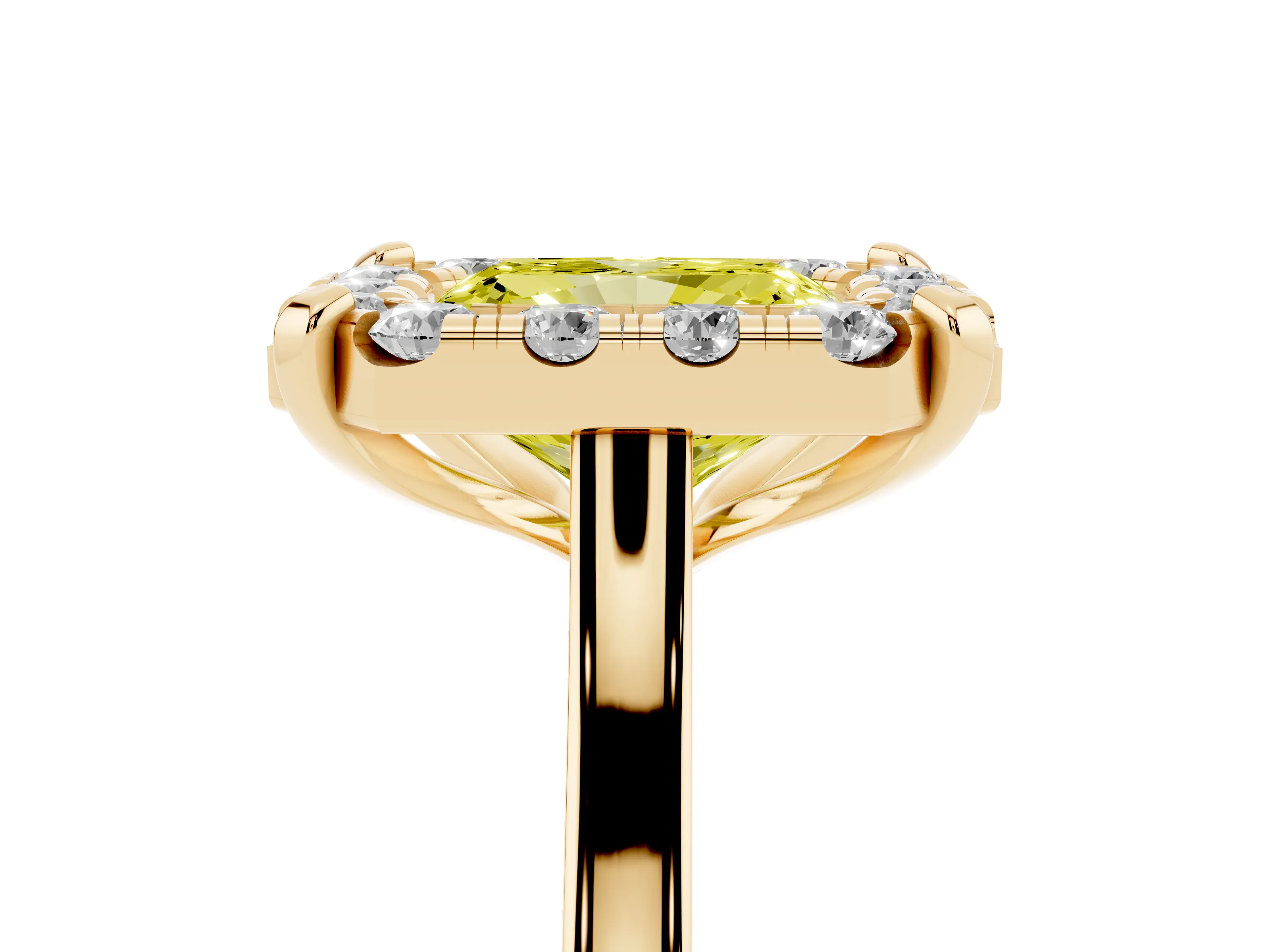 Fancy Yellow Radiant Cut Diamond Cluster Halo Solitaire Ring Set in Yellow gold with Prong Setting