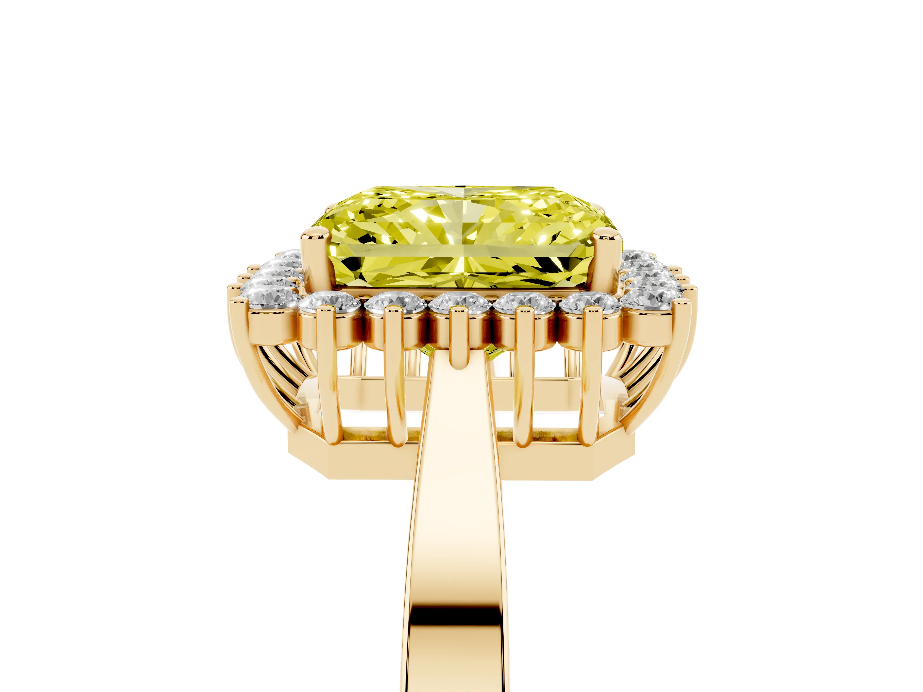 Fancy Yellow Radiant Cut Diamond Halo Ring Set in Yellow gold with Round Halo and Smooth Solitaire Band