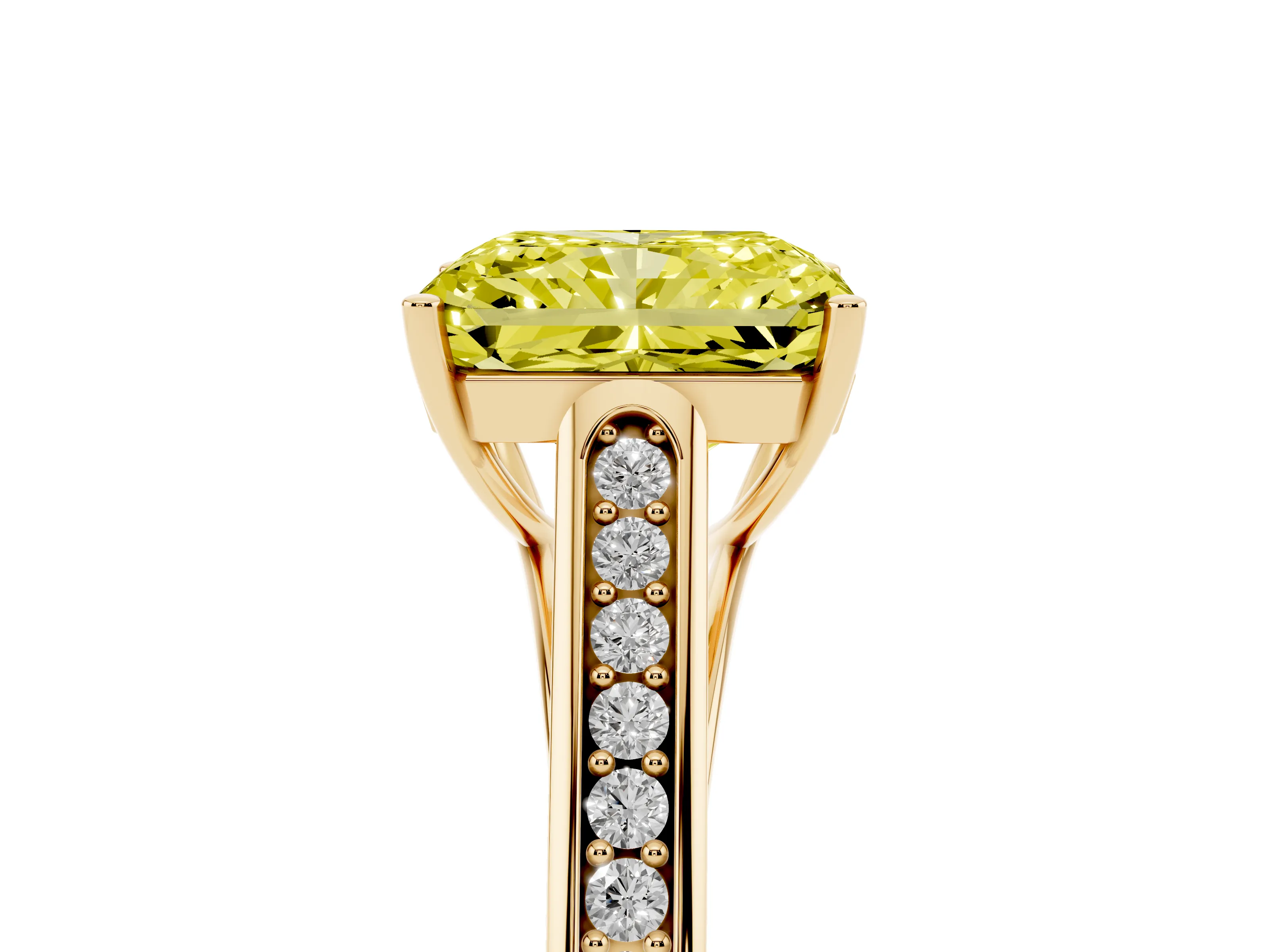Fancy Yellow Radiant Cut Diamond Solitaire Cathedral Engagement Ring Set in Yellow gold with Channel-Set Band and Prong Setting