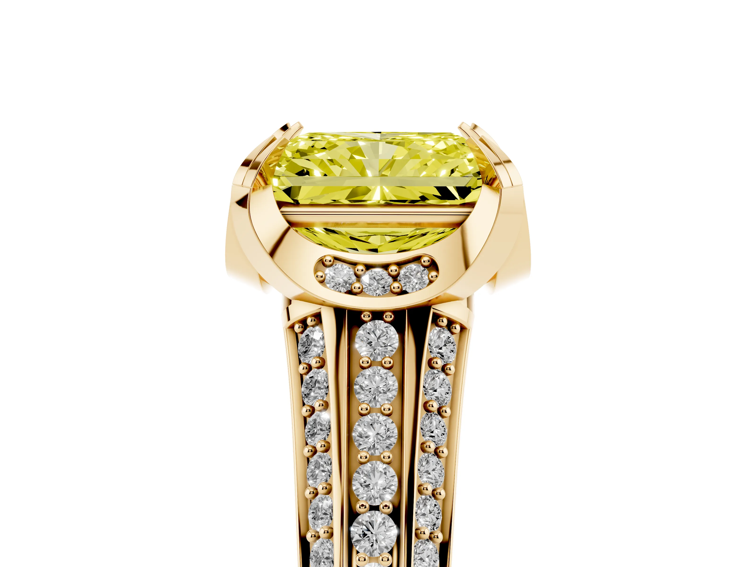 Fancy Yellow Radiant Cut Diamond Pavé Split Shank Solitaire Ring Set in Yellow gold with Prong Setting