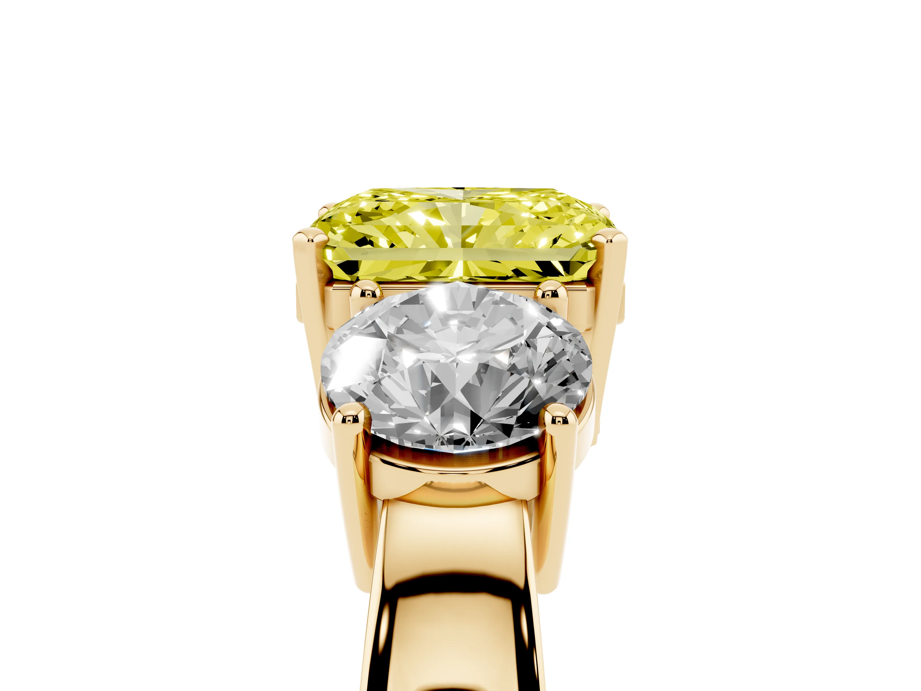 Fancy Yellow Radiant Cut Diamond Three-Stone Ring Set in Yellow gold with Round Side Stones and Classic Band