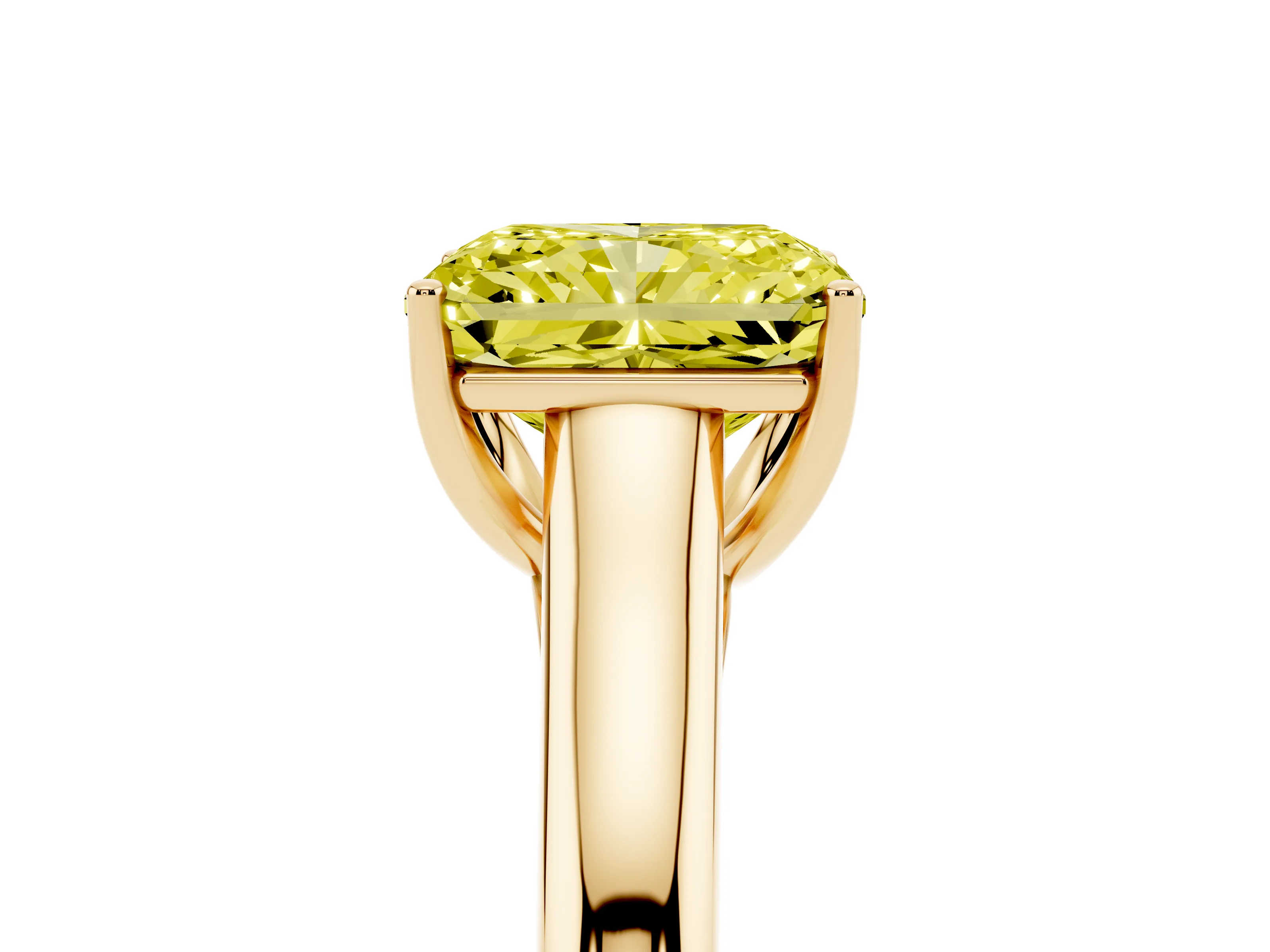 Fancy Yellow Radiant Cut Diamond Solitaire Engagement Ring Set in Yellow gold with Subtly Tapered Band and Prong Setting