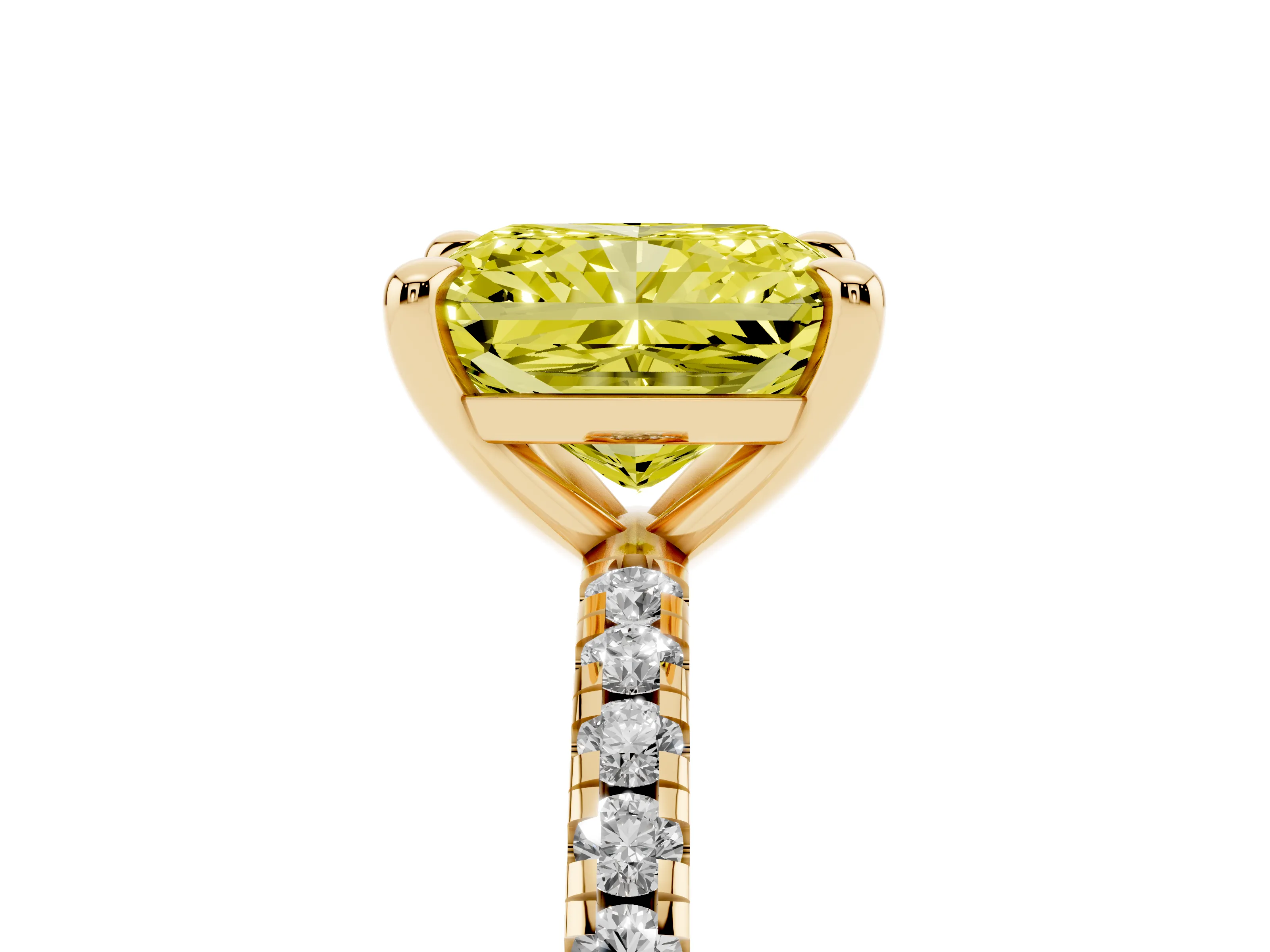 Fancy Yellow Radiant Cut Diamond Brilliant Solitaire Ring Set in Yellow gold with Pavé Band and Prong Setting