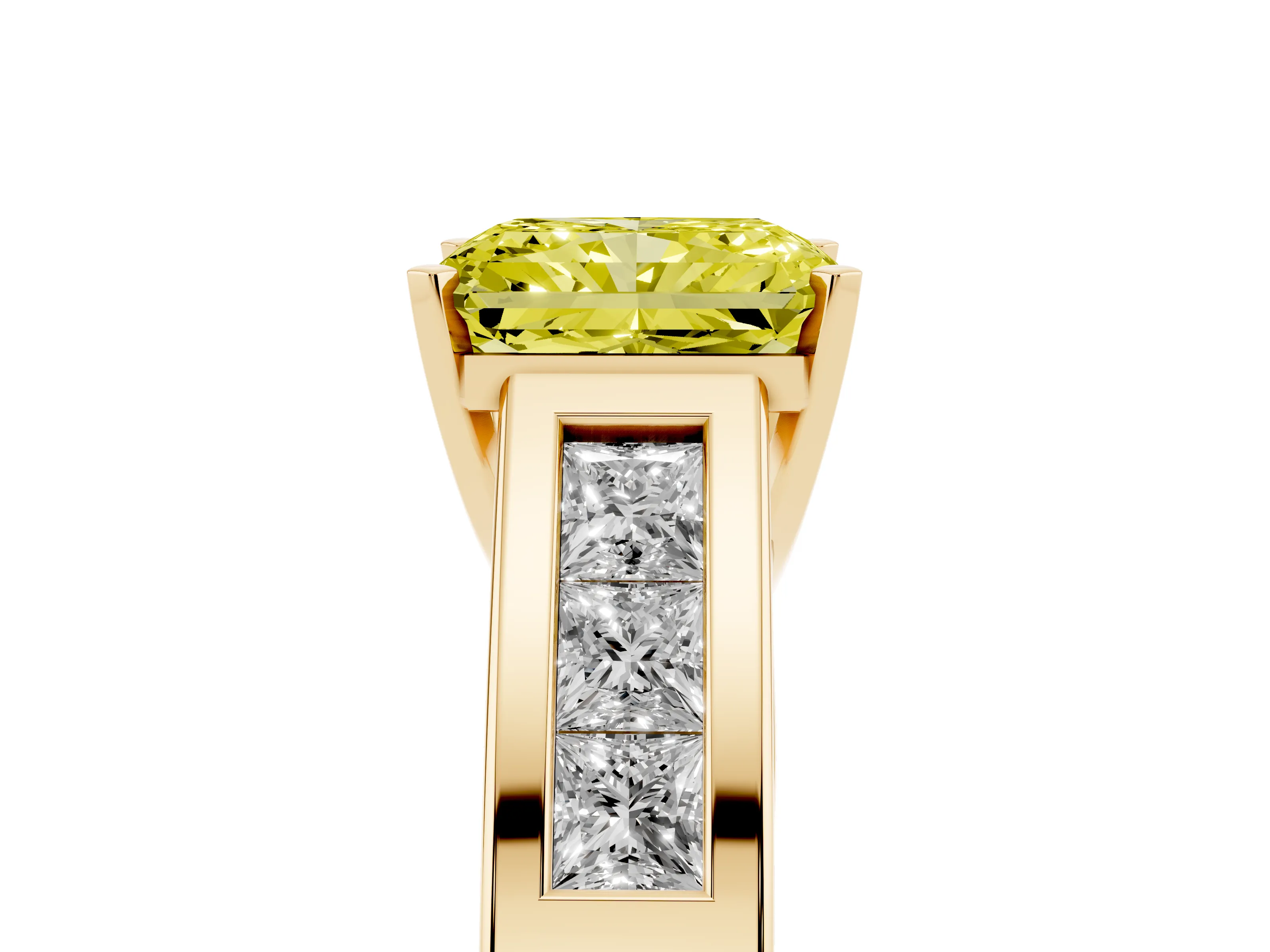 Fancy Yellow Radiant Cut Diamond Solitaire Ring Set in Yellow gold with Channel-Set Accent Stones and Prong Setting