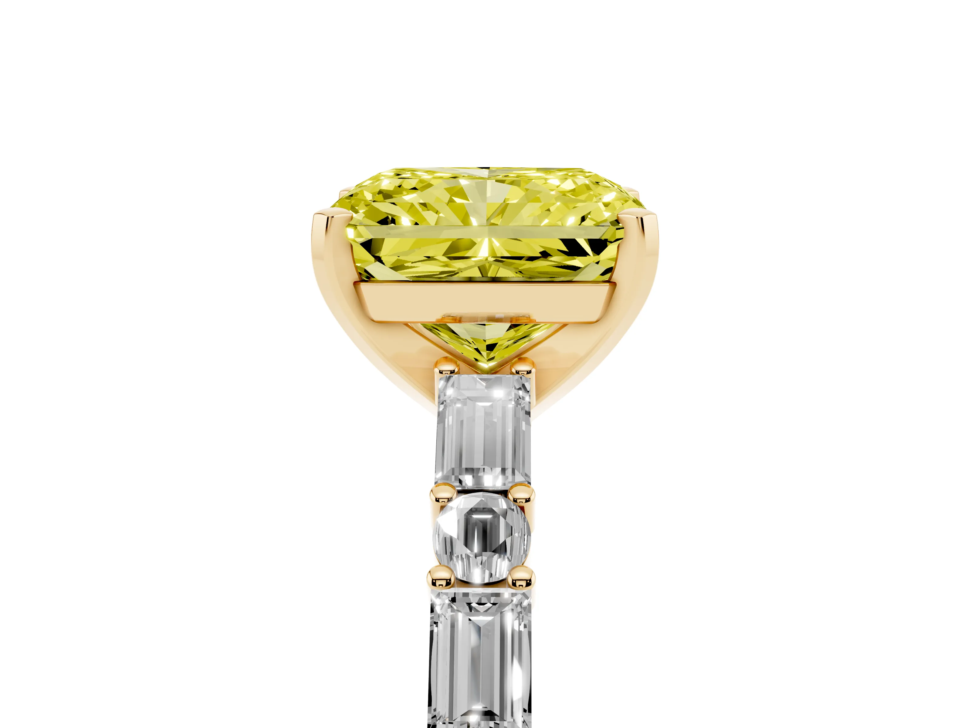 Fancy Yellow Radiant Cut Diamond Solitaire Set in Yellow gold with Side Baguettes and Channel Set Band
