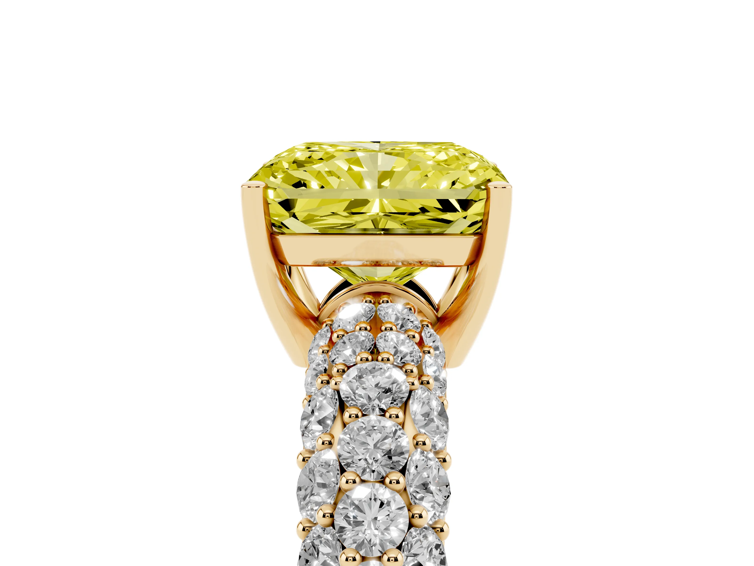 Fancy Yellow Radiant Cut Diamond Pavé Band Solitaire Ring Set in Yellow gold with Close-Set Accent Stones and Prong Setting