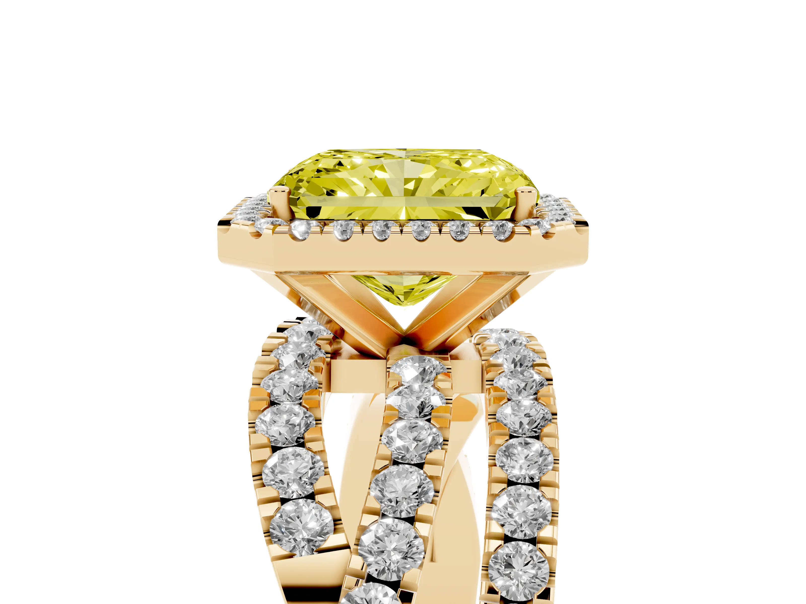 Fancy Yellow Radiant Cut Diamond Halo Ring Set in Yellow gold with Round Crossover Split Shank and Prong Setting