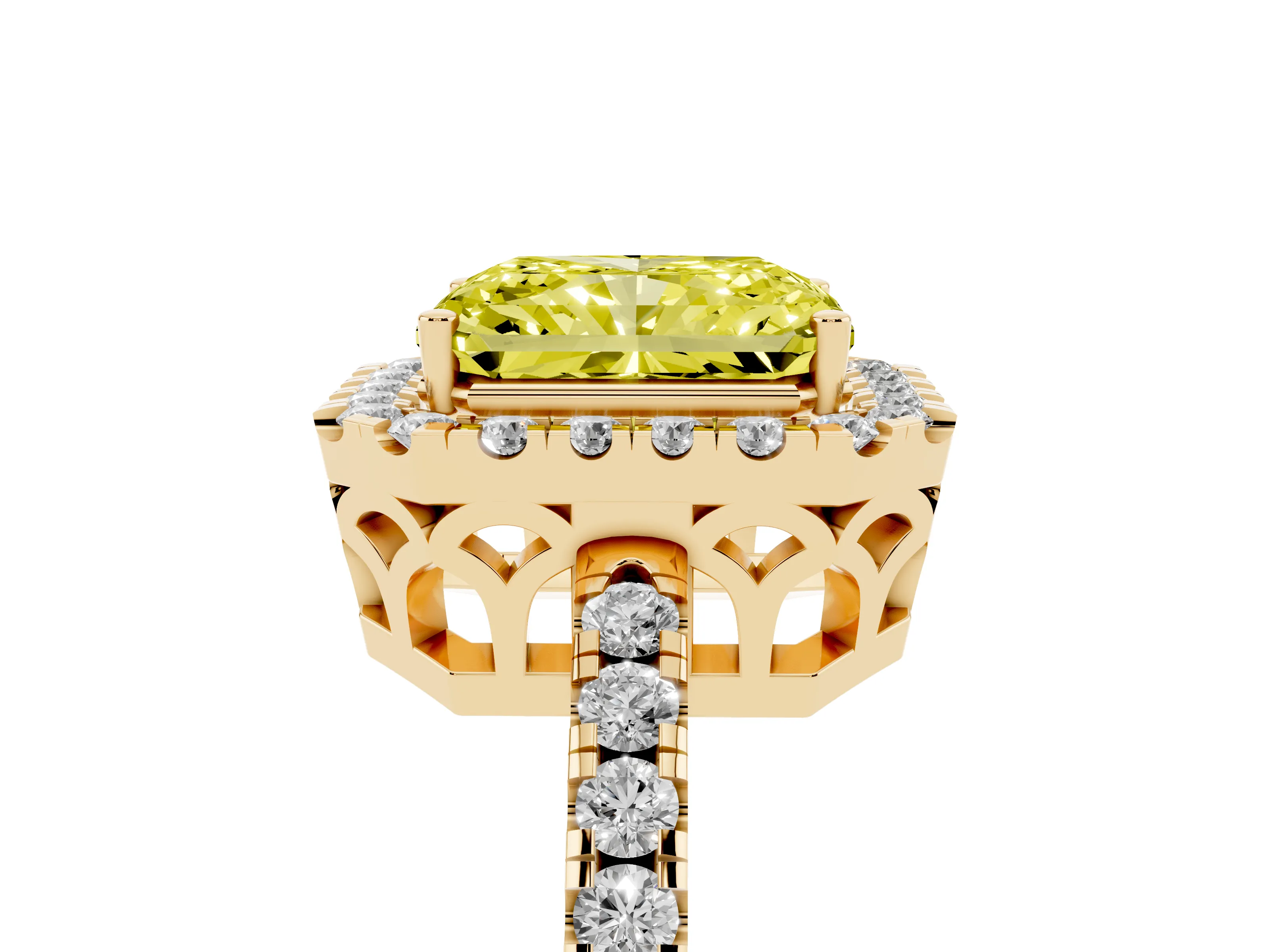 Fancy Yellow Radiant Cut Diamond Pavé Band Halo Engagement Ring Set in Yellow gold with Prong Setting