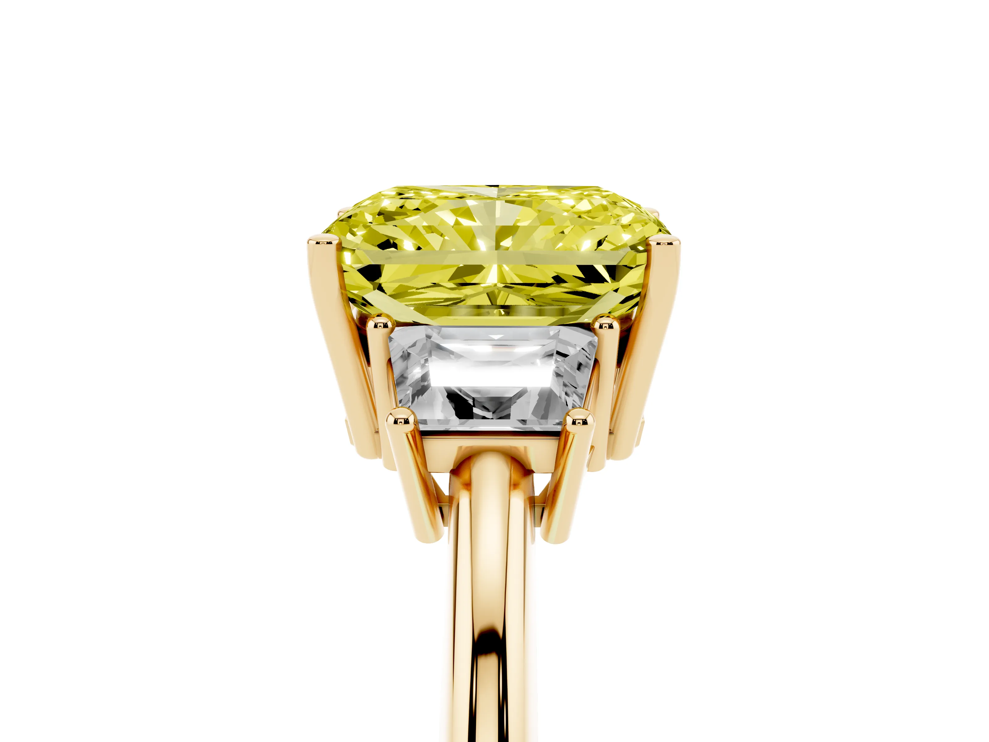 Fancy Yellow Radiant Cut Diamond Three-Stone Ring Set in Yellow gold with Trapezoid Side Stones and Prong Setting