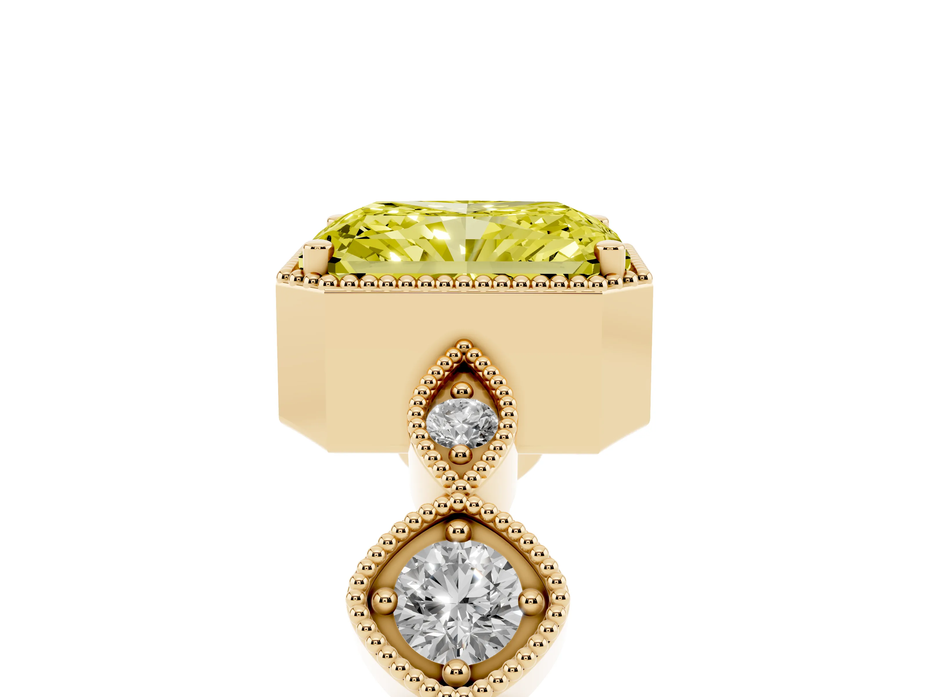 Fancy Yellow Radiant Cut Diamond Vintage-Inspired Milgrain Ring Set in Yellow gold with Marquise Stations of Round Accents